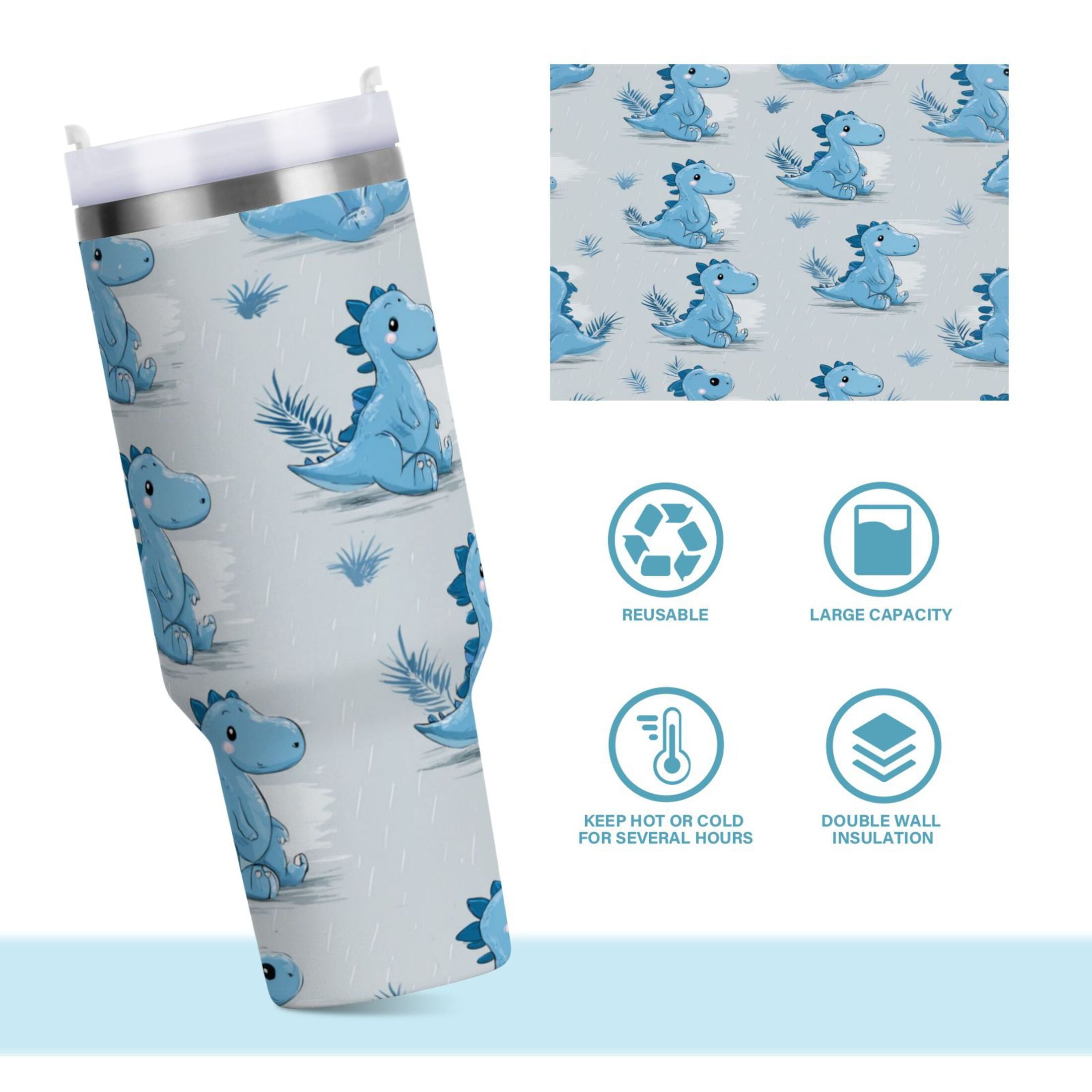 30 oz Insulated Stainless Steel Tumbler Double Wall Stainless Steel Tumbler with 2-Way Drinking Cartoon Blue Dinosaurs FNMJ