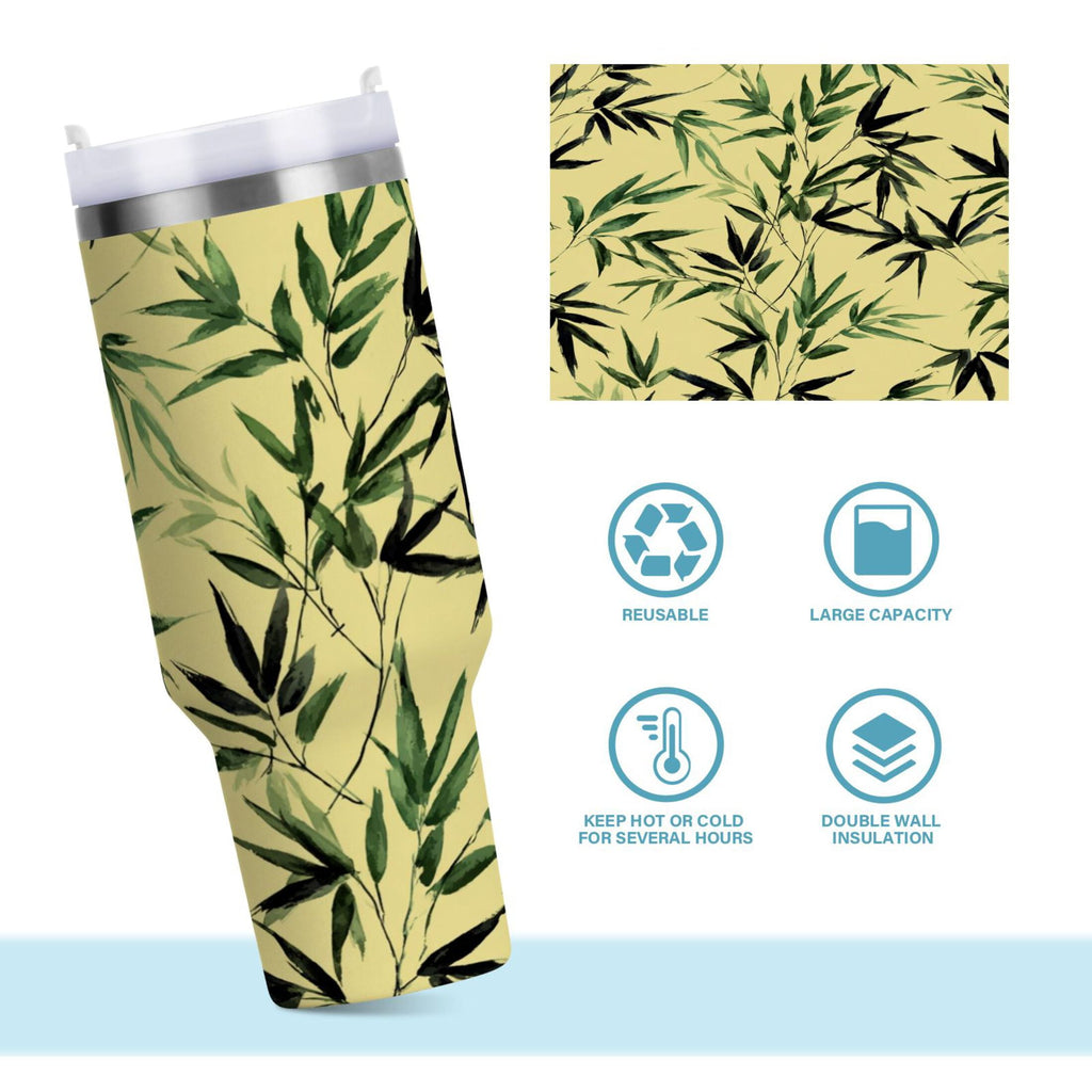 30 oz Insulated Stainless Steel Tumbler Double Wall Stainless Steel Tumbler with 2-Way Drinking Bamboo and Green Leaves ZJUZ