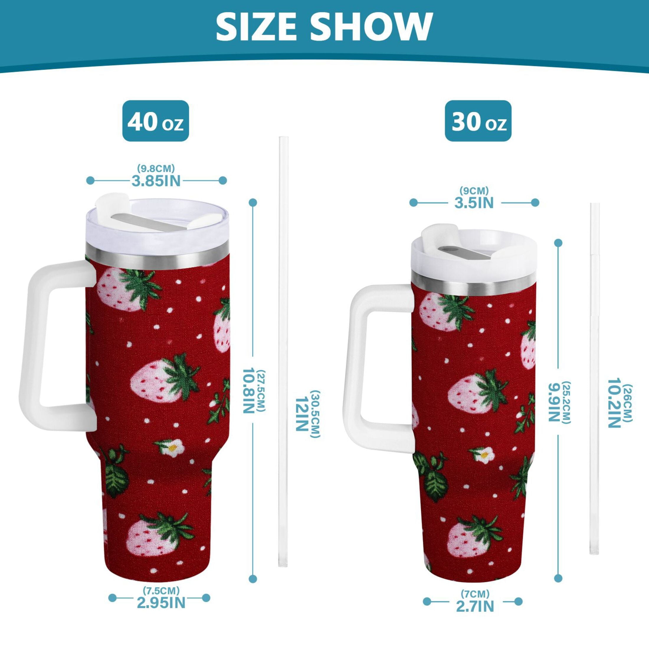 30 oz Insulated Stainless Steel Tumbler Double Wall Stainless Steel Tumbler with 2-Way Drinking Cute Pink Strawberry Pattern FMF0