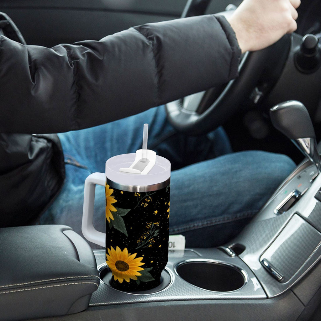 30 oz Insulated Stainless Steel Tumbler Double Wall Stainless Steel Tumbler with 2-Way Drinking Yellow Sunflower Pattern CKD8