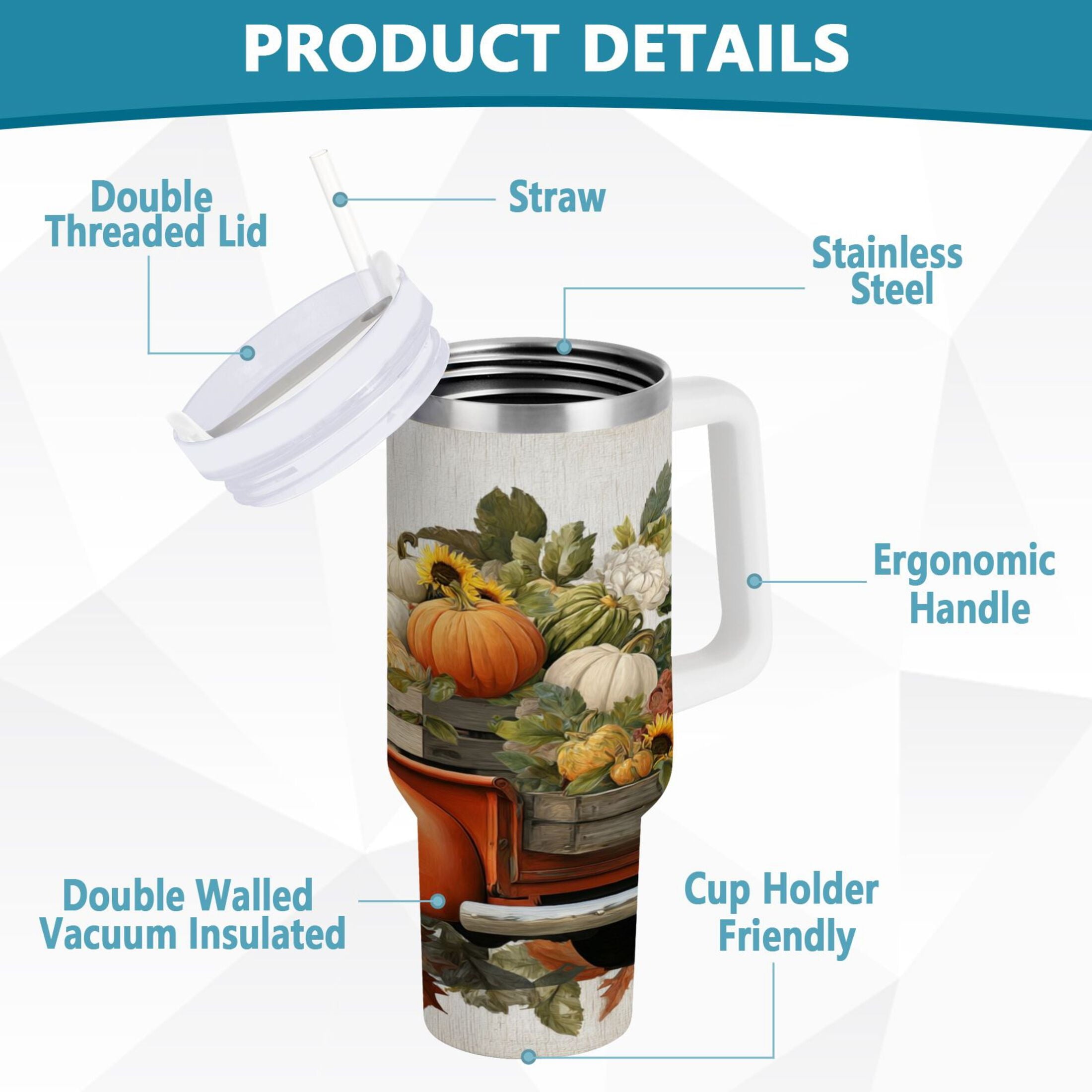 40 oz Insulated Stainless Steel Tumbler Double Wall Stainless Steel Tumbler with 2-Way Drinking Truck Full Of Pumpkins Z55Y