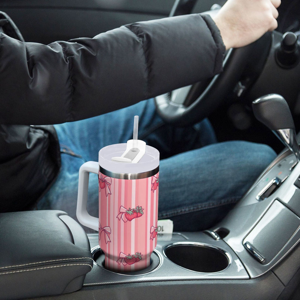 30 oz Insulated Stainless Steel Tumbler Double Wall Stainless Steel Tumbler with 2-Way Drinking Pink Bows and Strawberries KRQA