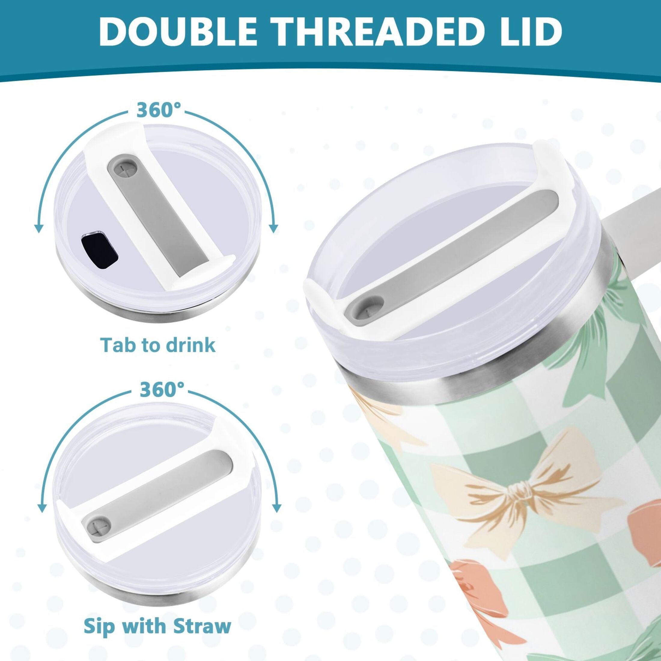 40 oz Insulated Stainless Steel Tumbler Double Wall Stainless Steel Tumbler with 2-Way Drinking Green and Peach Bow Pattern GQJO