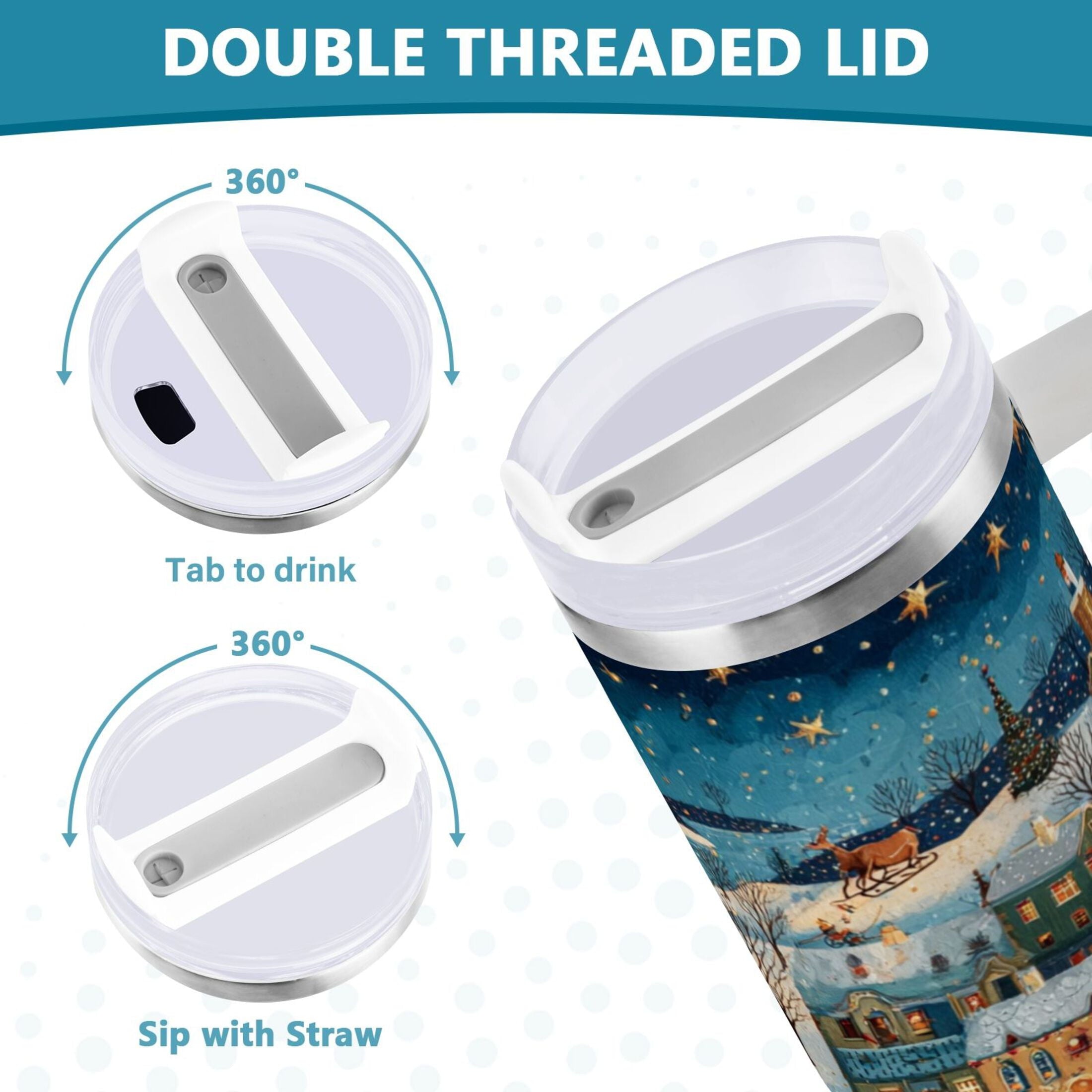 30 oz Insulated Stainless Steel Tumbler Double Wall Stainless Steel Tumbler with 2-Way Drinking Whimsical Christmas Scene MB59