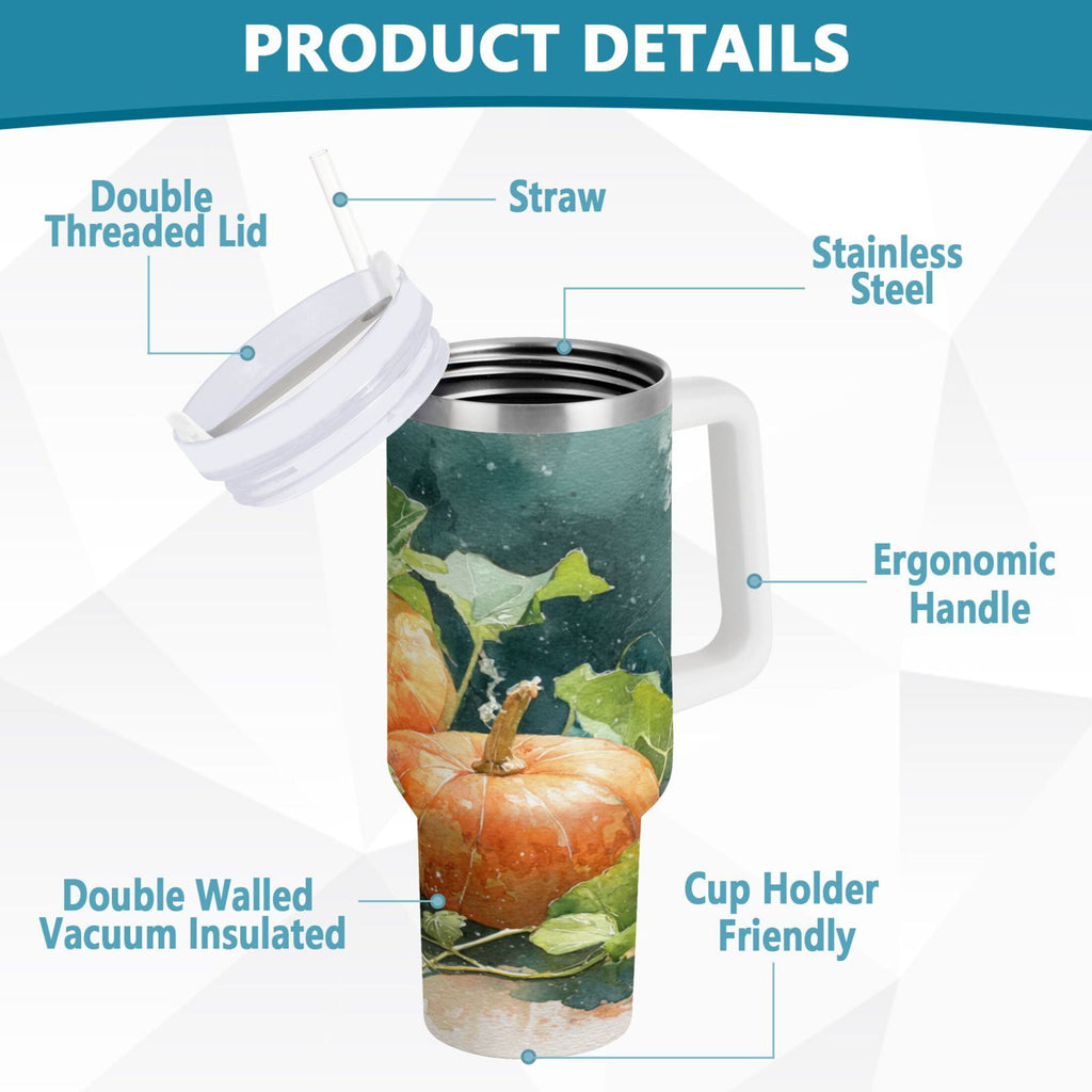 40 oz Insulated Stainless Steel Tumbler Double Wall Stainless Steel Tumbler with 2-Way Drinking Orange and White Pumpkins WLK9