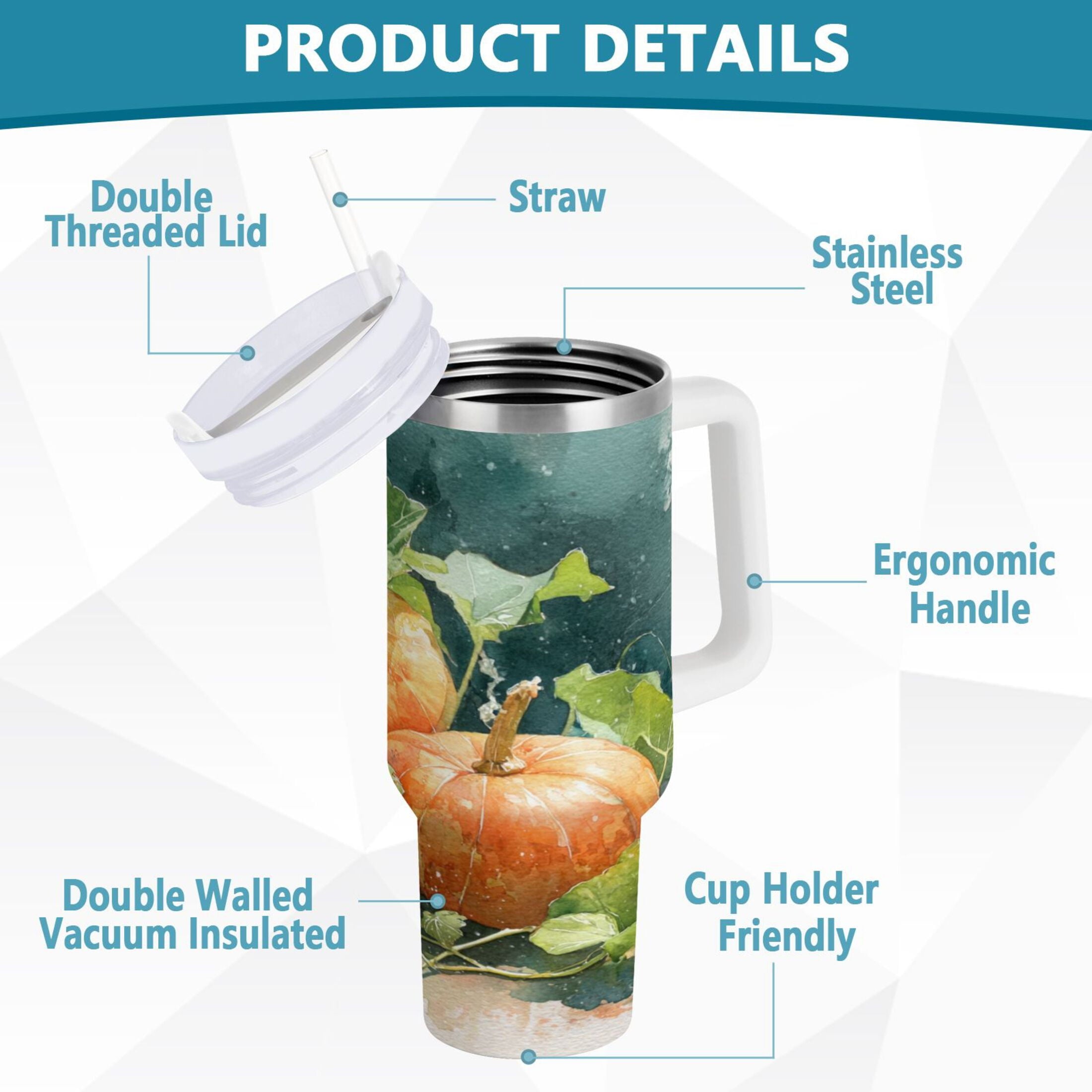 40 oz Insulated Stainless Steel Tumbler Double Wall Stainless Steel Tumbler with 2-Way Drinking Orange and White Pumpkins WLK9