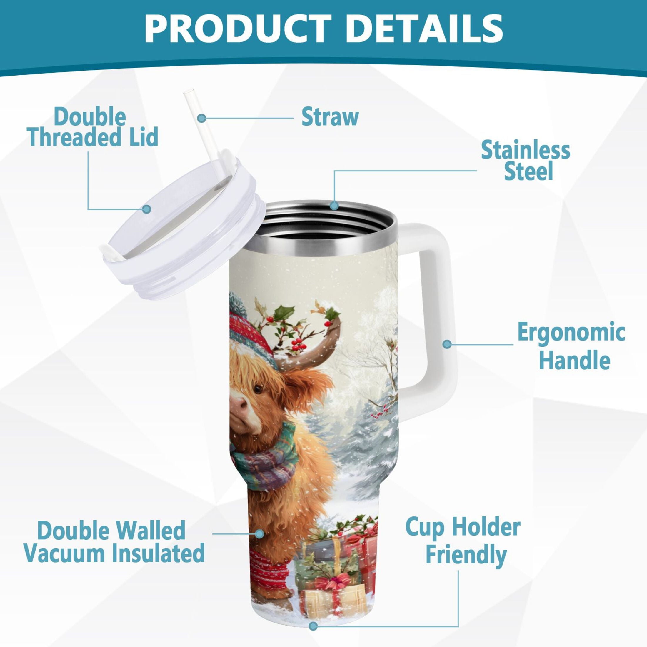 30 oz Insulated Stainless Steel Tumbler Double Wall Stainless Steel Tumbler with 2-Way Drinking Cow Wearing Christmas Hat KAB7