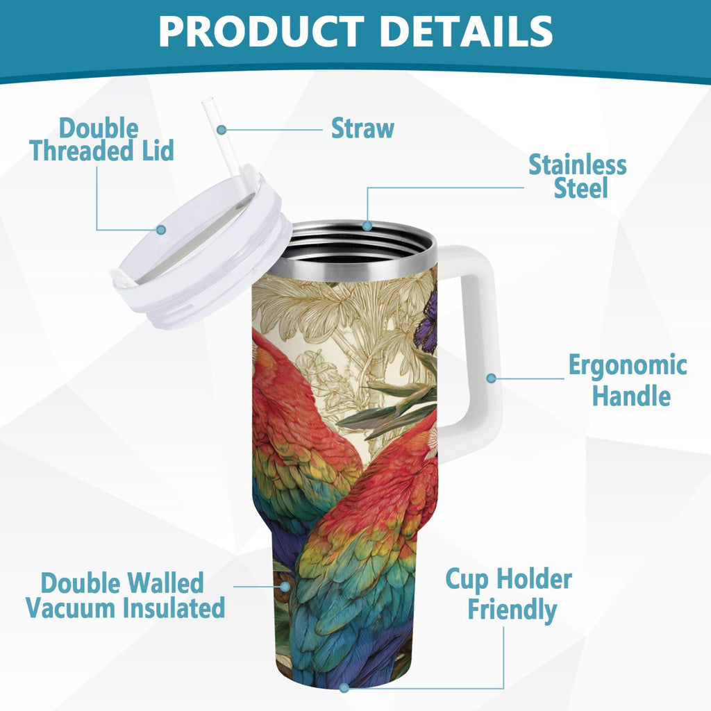 30 oz Insulated Stainless Steel Tumbler Double Wall Stainless Steel Tumbler with 2-Way Drinking Colorful Beautiful Parrots TFBZ
