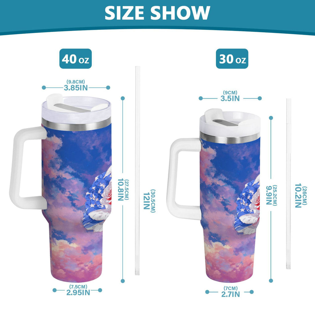 30 oz Insulated Stainless Steel Tumbler Double Wall Stainless Steel Tumbler with 2-Way Drinking Rose with Flag Pattern PENC