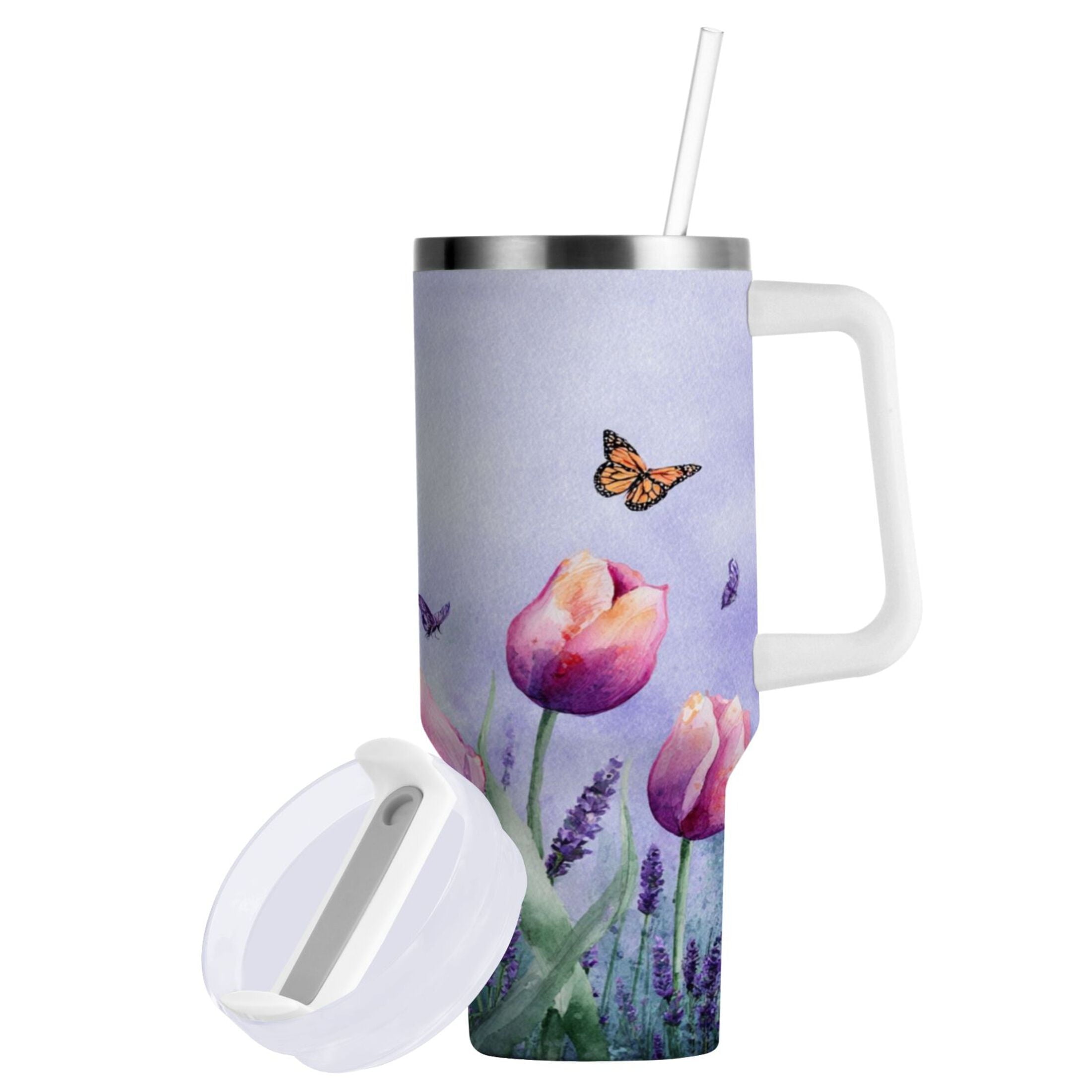 30 oz Insulated Stainless Steel Tumbler Double Wall Stainless Steel Tumbler with 2-Way Drinking Watercolor Tulips and Lavender 23OI