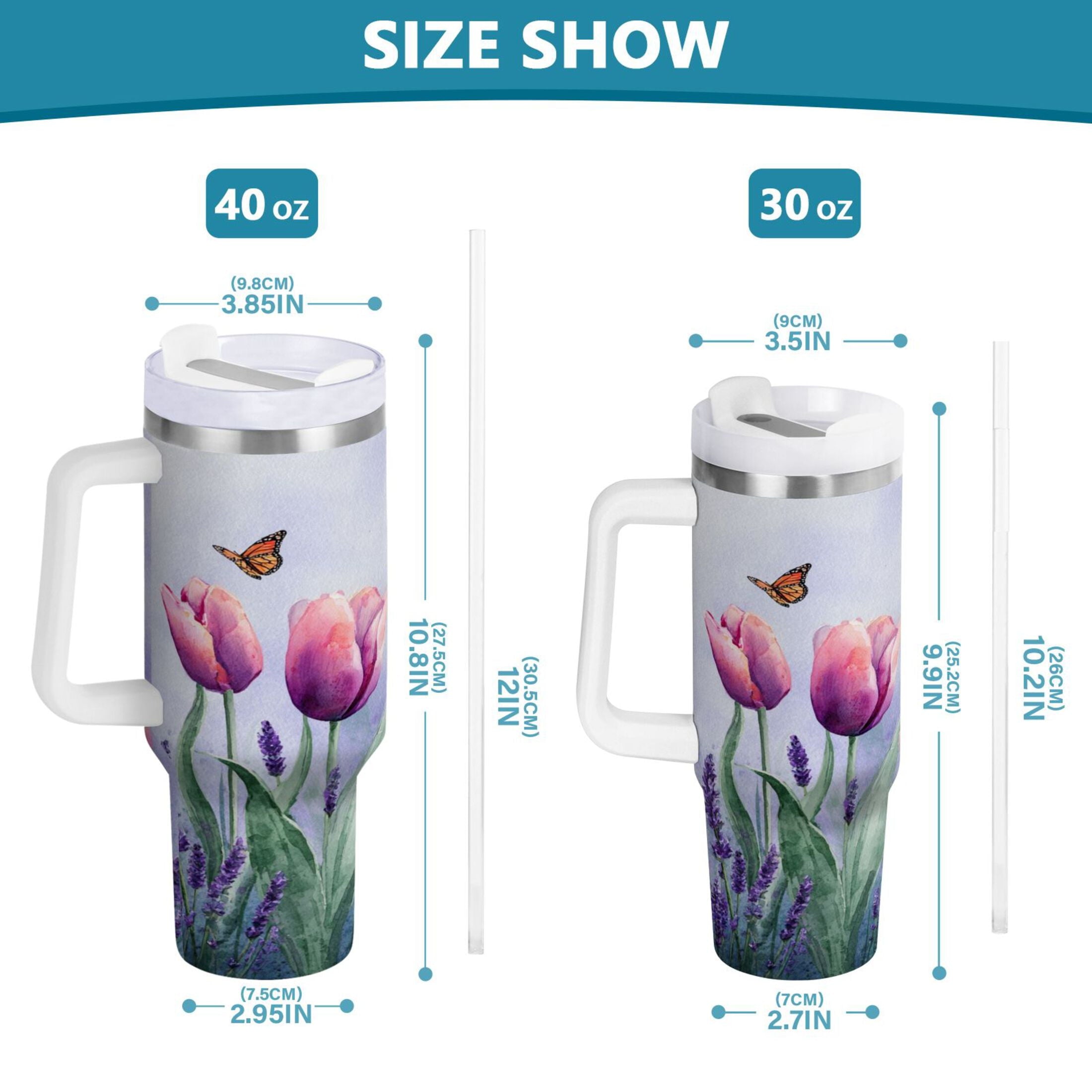 30 oz Insulated Stainless Steel Tumbler Double Wall Stainless Steel Tumbler with 2-Way Drinking Watercolor Tulips and Lavender 23OI