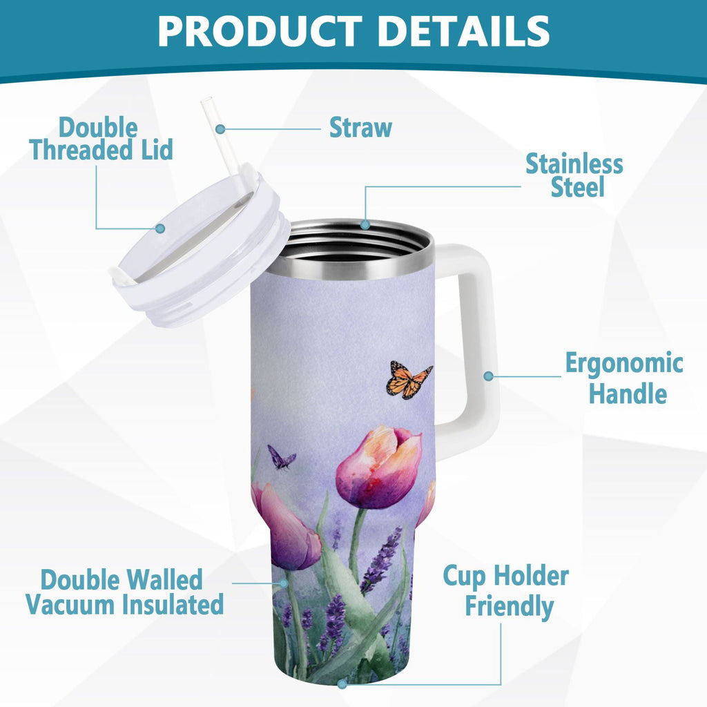 30 oz Insulated Stainless Steel Tumbler Double Wall Stainless Steel Tumbler with 2-Way Drinking Watercolor Tulips and Lavender 23OI