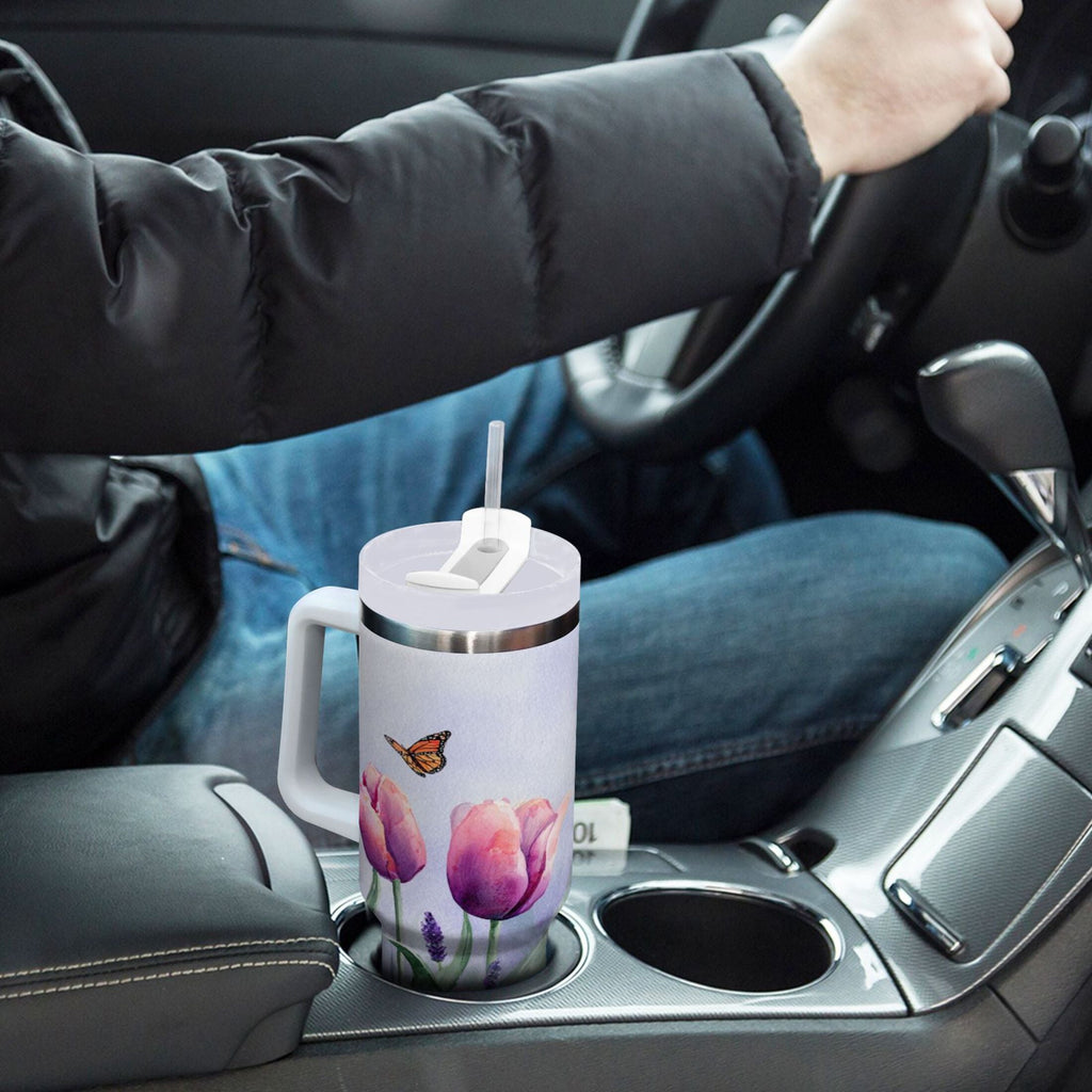 30 oz Insulated Stainless Steel Tumbler Double Wall Stainless Steel Tumbler with 2-Way Drinking Watercolor Tulips and Lavender 23OI