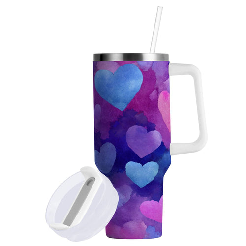 30 oz Insulated Stainless Steel Tumbler Double Wall Stainless Steel Tumbler with 2-Way Drinking Indigo and Violet Hearts 8KLX