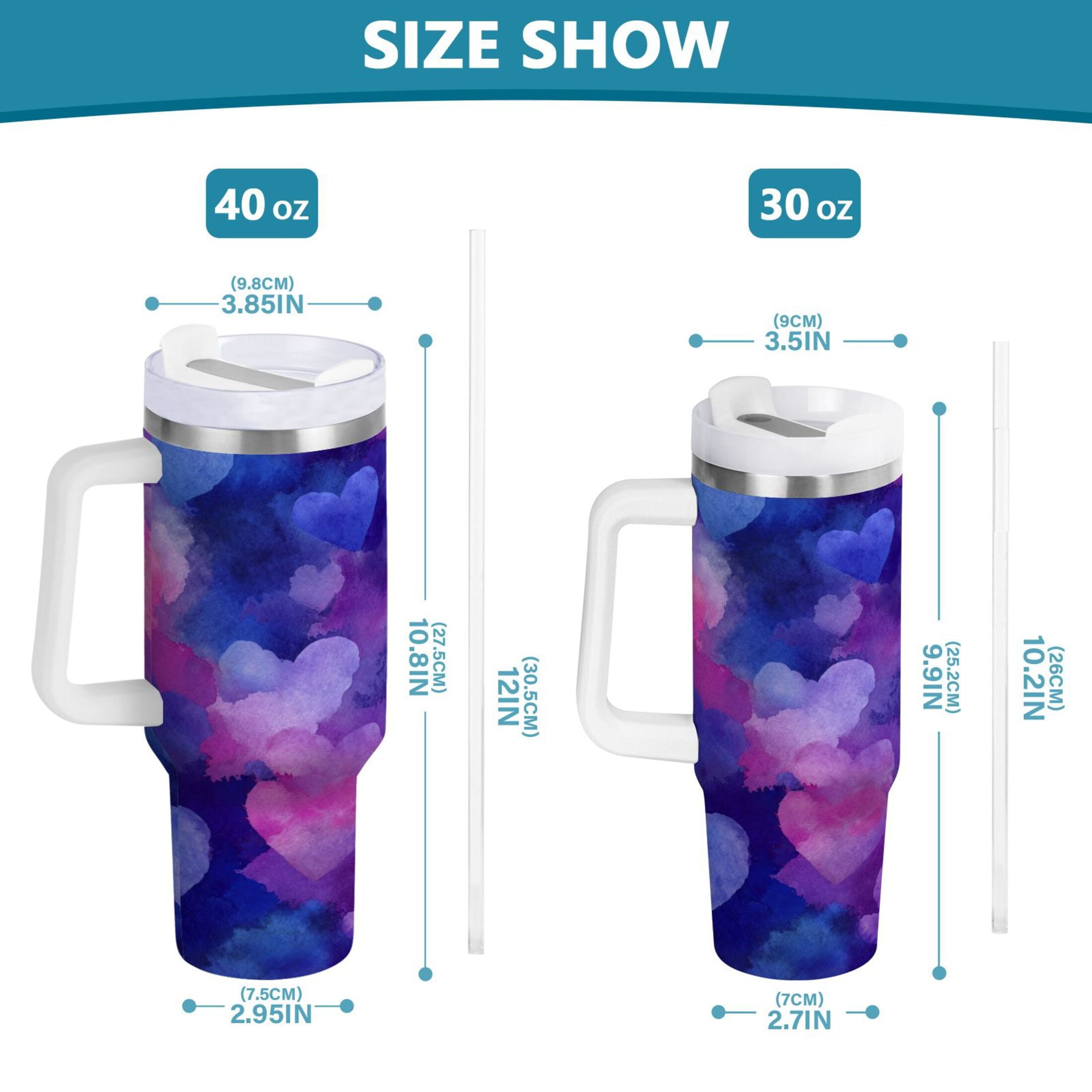 30 oz Insulated Stainless Steel Tumbler Double Wall Stainless Steel Tumbler with 2-Way Drinking Indigo and Violet Hearts 8KLX