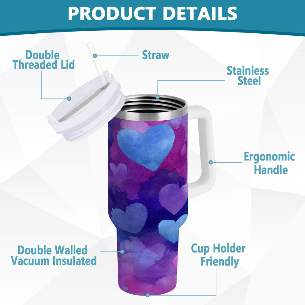 30 oz Insulated Stainless Steel Tumbler Double Wall Stainless Steel Tumbler with 2-Way Drinking Indigo and Violet Hearts 8KLX