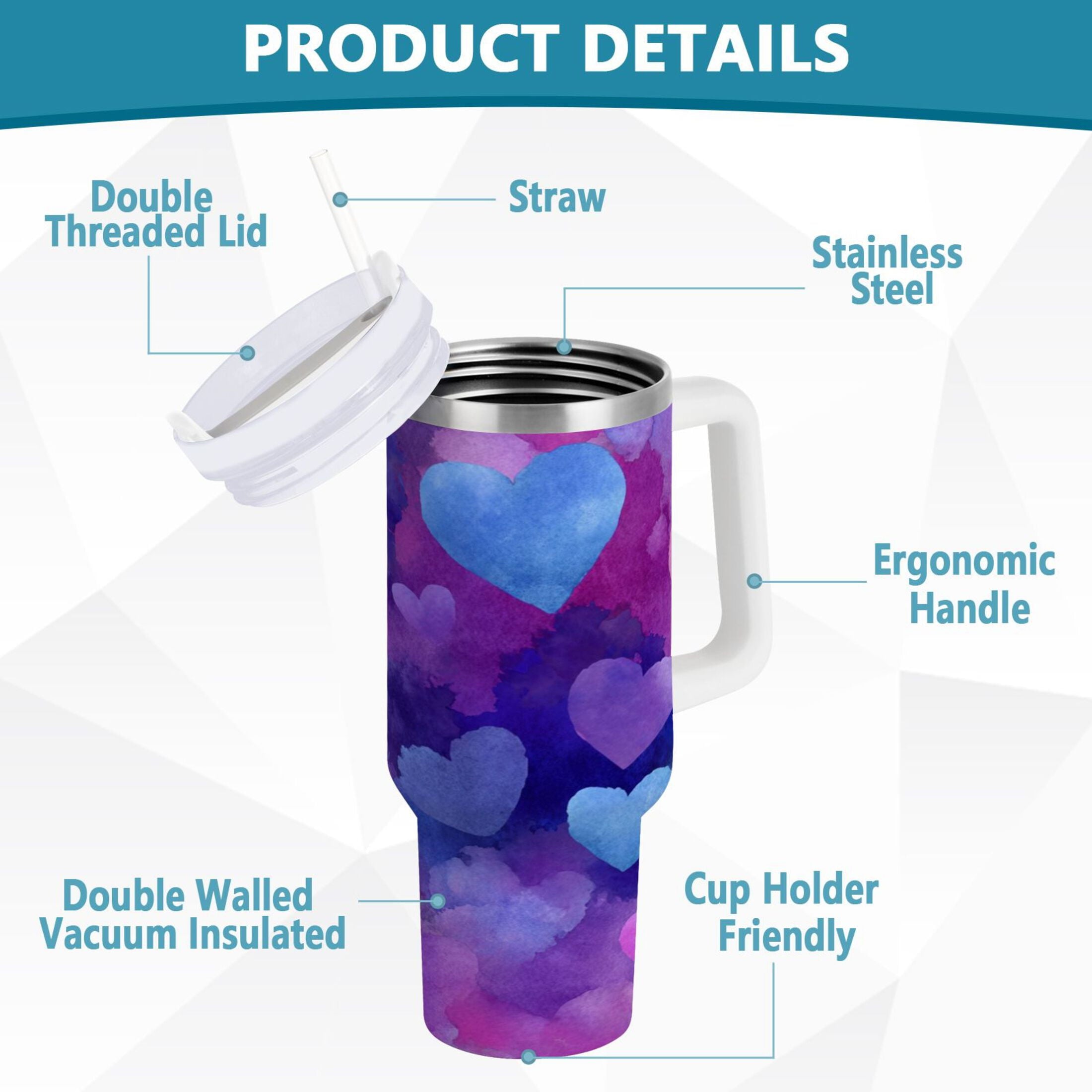 30 oz Insulated Stainless Steel Tumbler Double Wall Stainless Steel Tumbler with 2-Way Drinking Indigo and Violet Hearts 8KLX