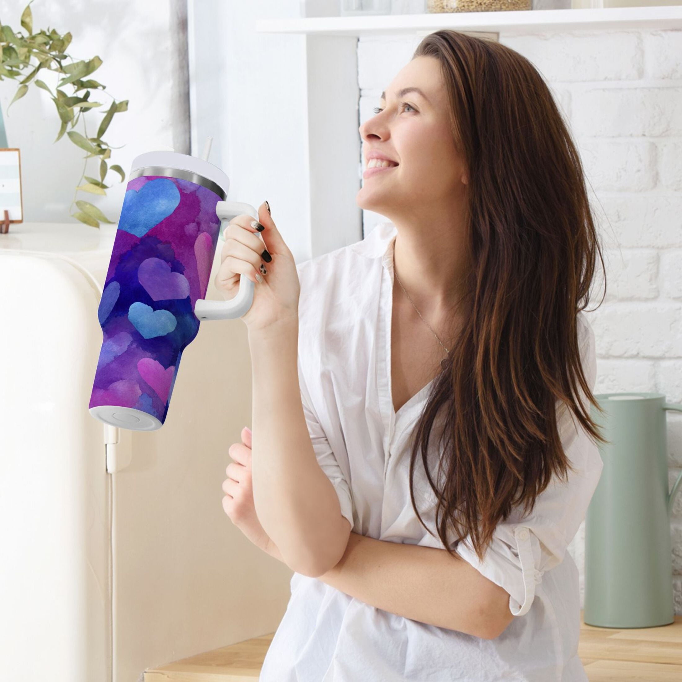 30 oz Insulated Stainless Steel Tumbler Double Wall Stainless Steel Tumbler with 2-Way Drinking Indigo and Violet Hearts 8KLX