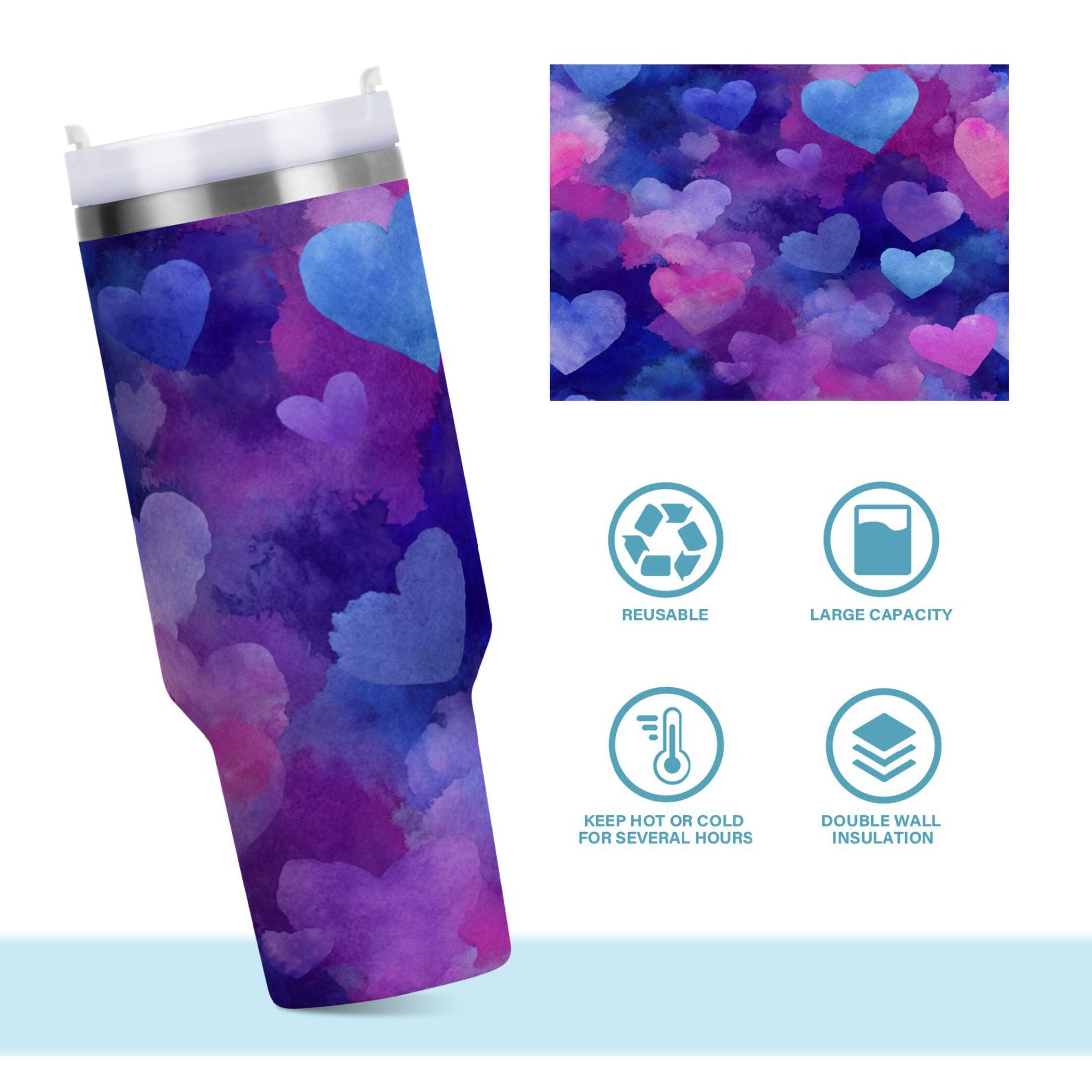 30 oz Insulated Stainless Steel Tumbler Double Wall Stainless Steel Tumbler with 2-Way Drinking Indigo and Violet Hearts 8KLX