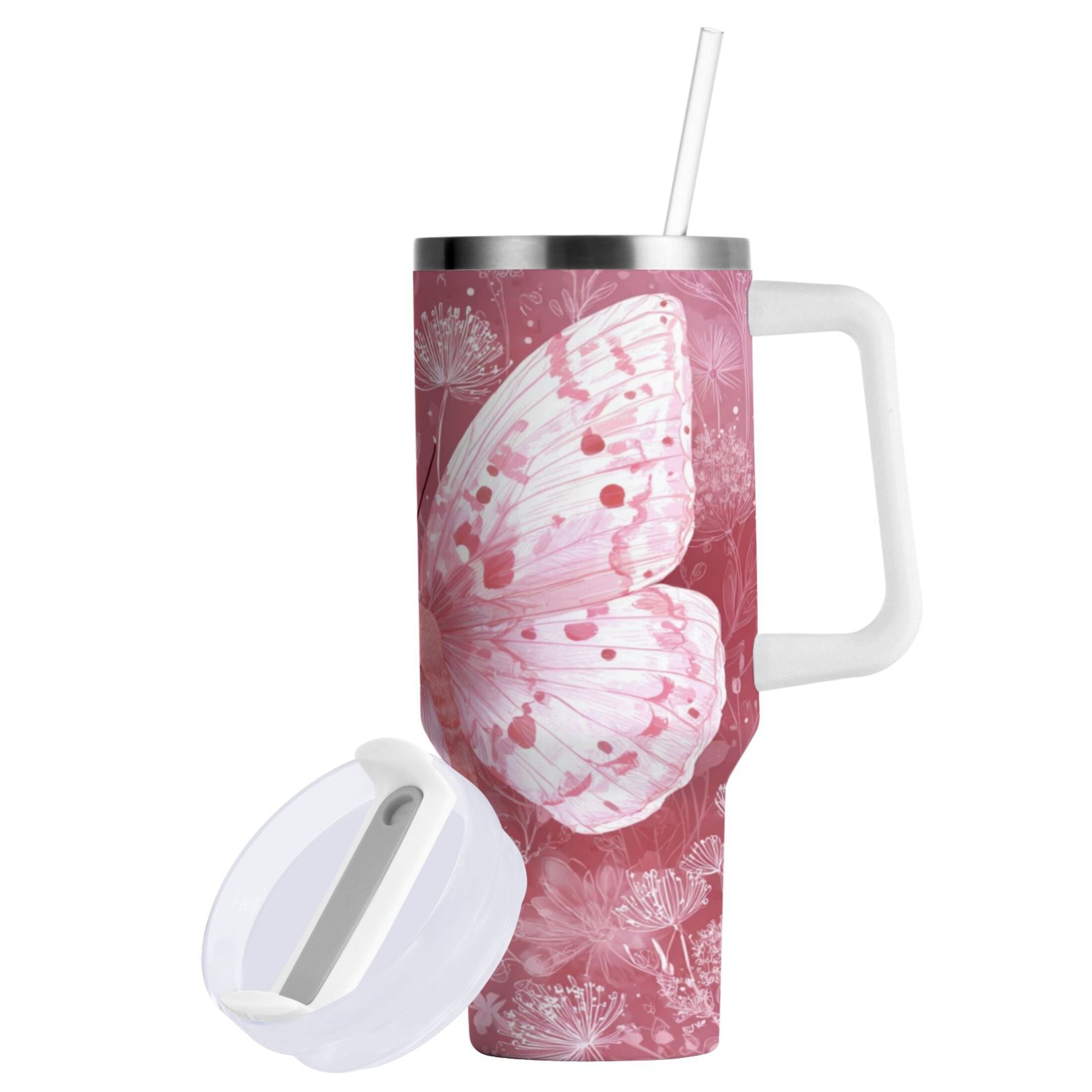 30 oz Insulated Stainless Steel Tumbler Double Wall Stainless Steel Tumbler with 2-Way Drinking Soft Pink Butterfly YX8K