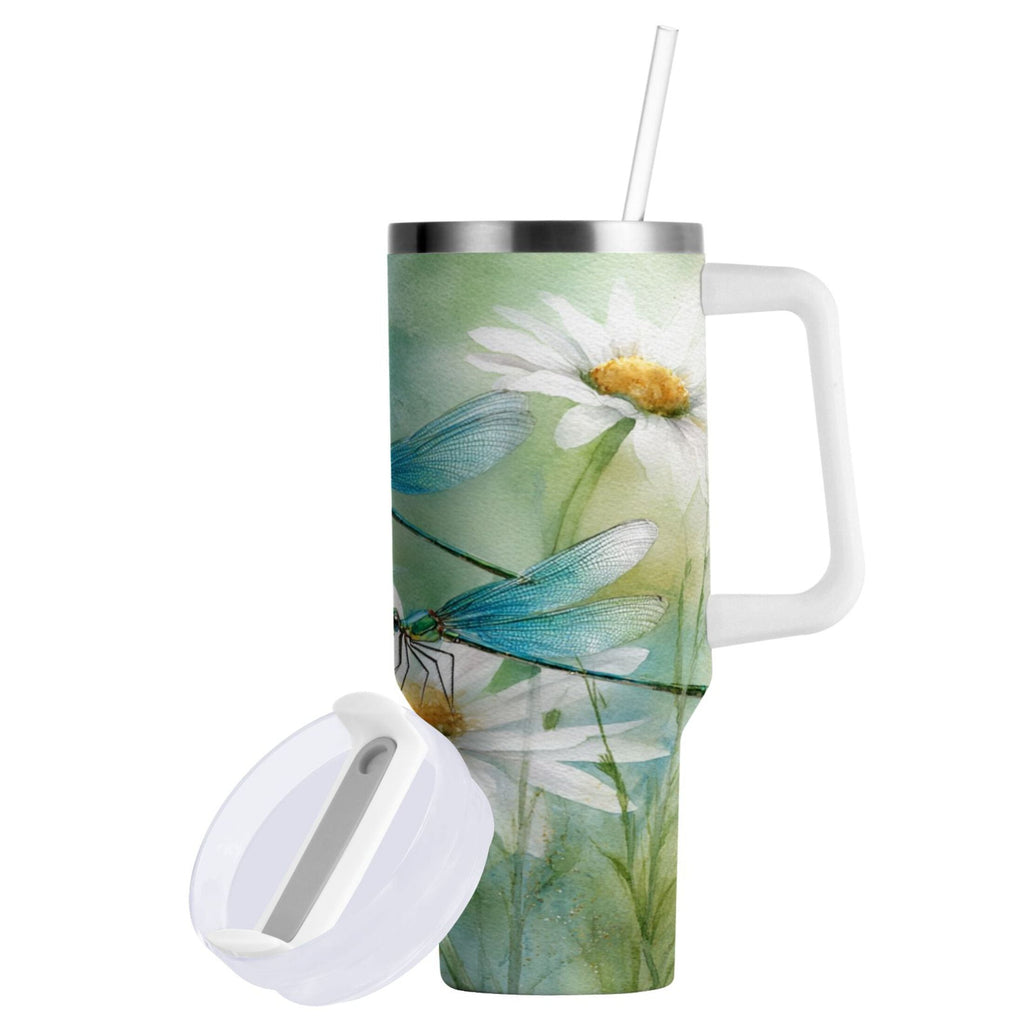 30 oz Insulated Stainless Steel Tumbler Double Wall Stainless Steel Tumbler with 2-Way Drinking Beautiful Dragonflies and Daisies SCEJ