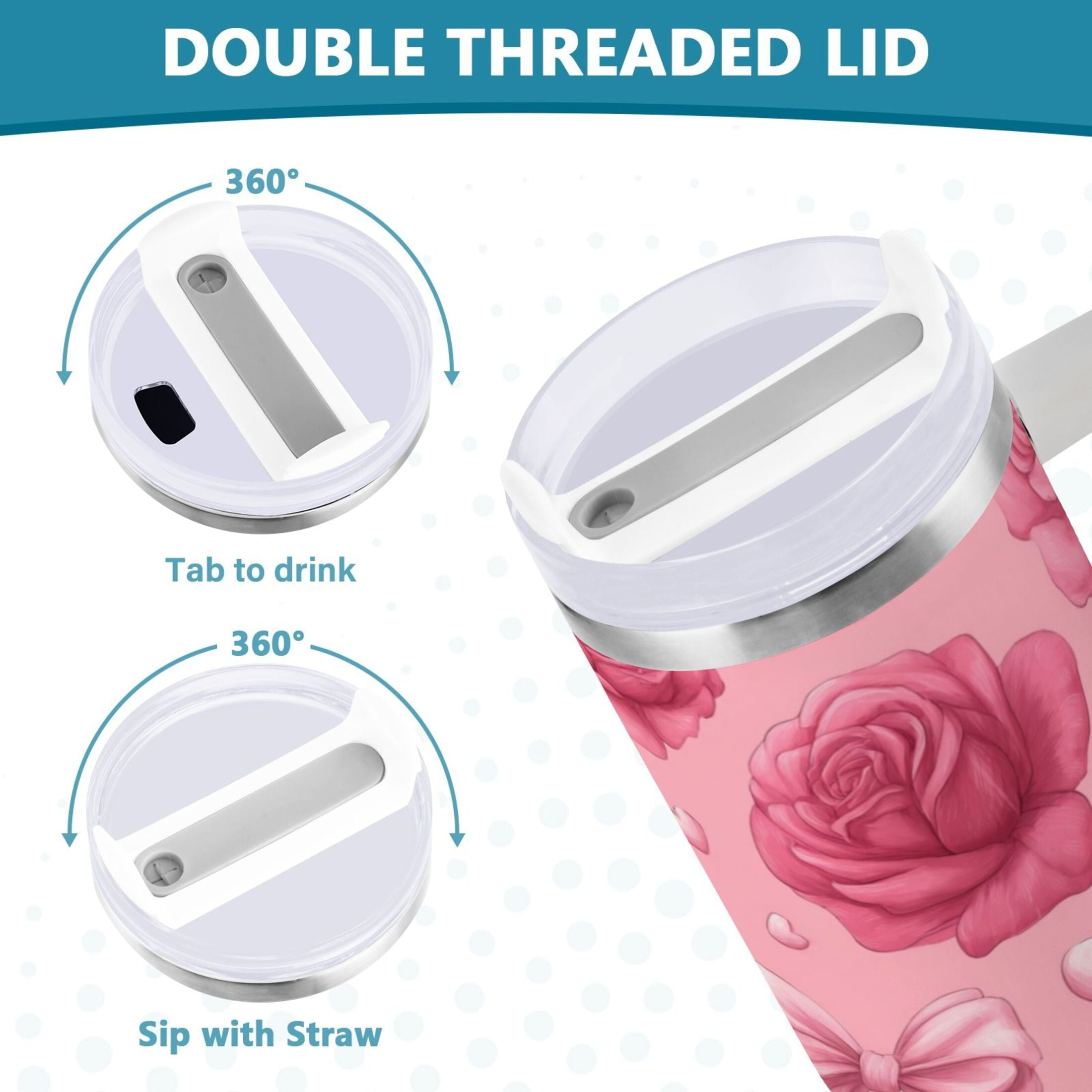 40 oz Insulated Stainless Steel Tumbler Double Wall Stainless Steel Tumbler with 2-Way Drinking Roses and Bows Pattern 678S