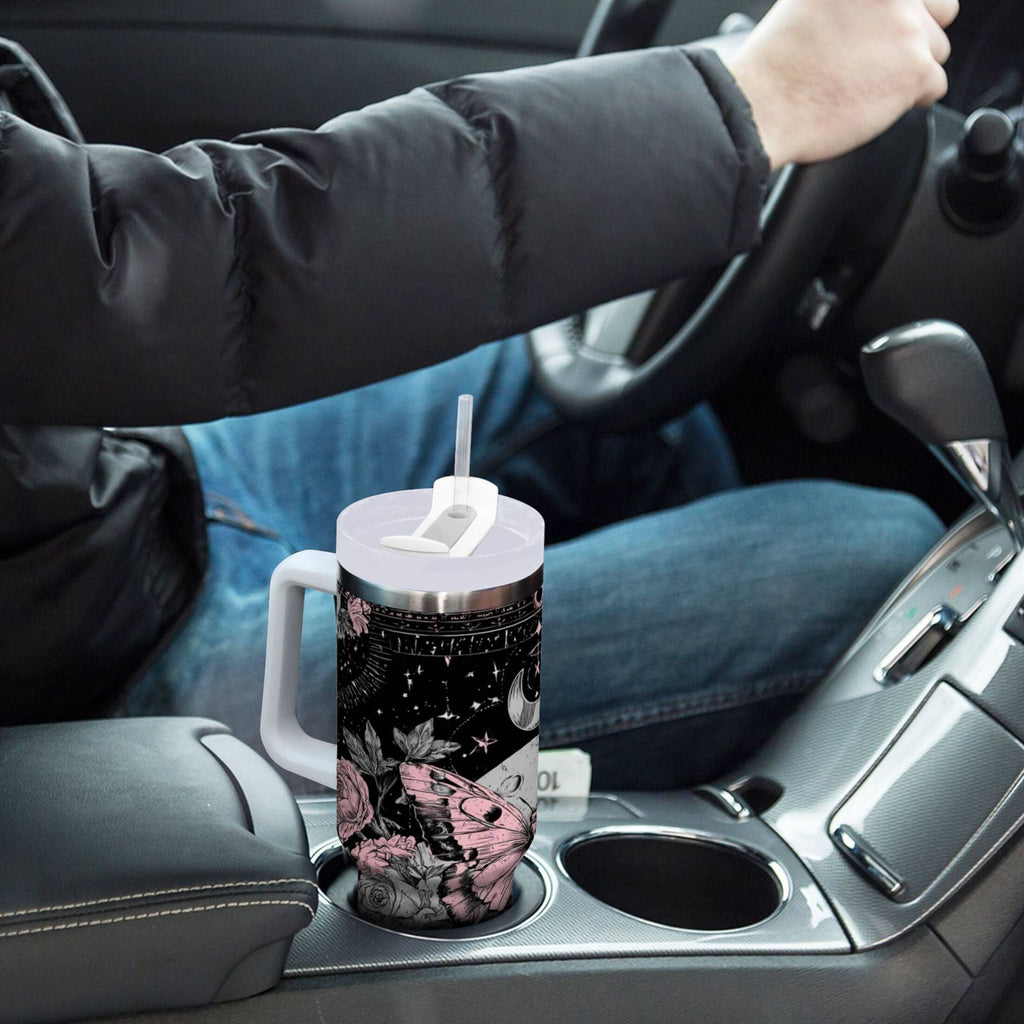 30 oz Insulated Stainless Steel Tumbler Double Wall Stainless Steel Tumbler with 2-Way Drinking Butterfly by Moon and Flowers 8DPL