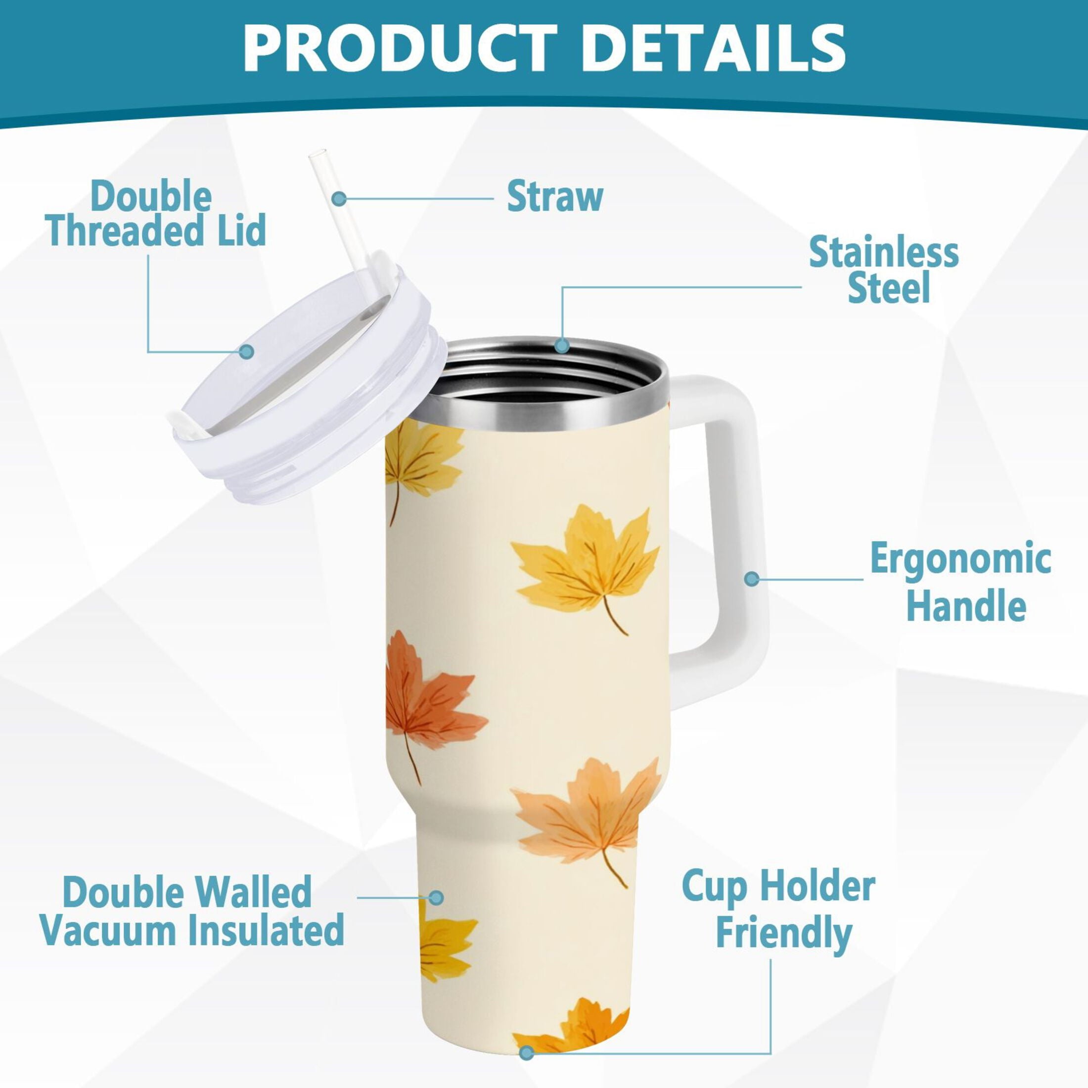 40 oz Insulated Stainless Steel Tumbler Double Wall Stainless Steel Tumbler with 2-Way Drinking Yellow Maple Leaves Pattern ZHPO