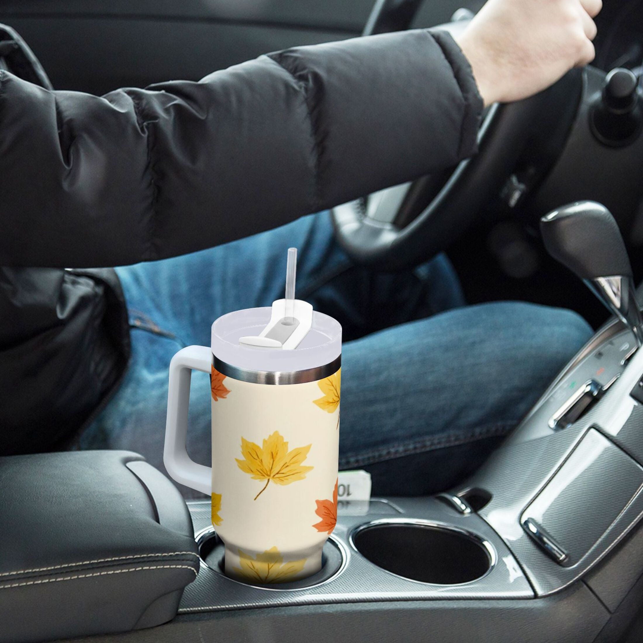 40 oz Insulated Stainless Steel Tumbler Double Wall Stainless Steel Tumbler with 2-Way Drinking Yellow Maple Leaves Pattern ZHPO