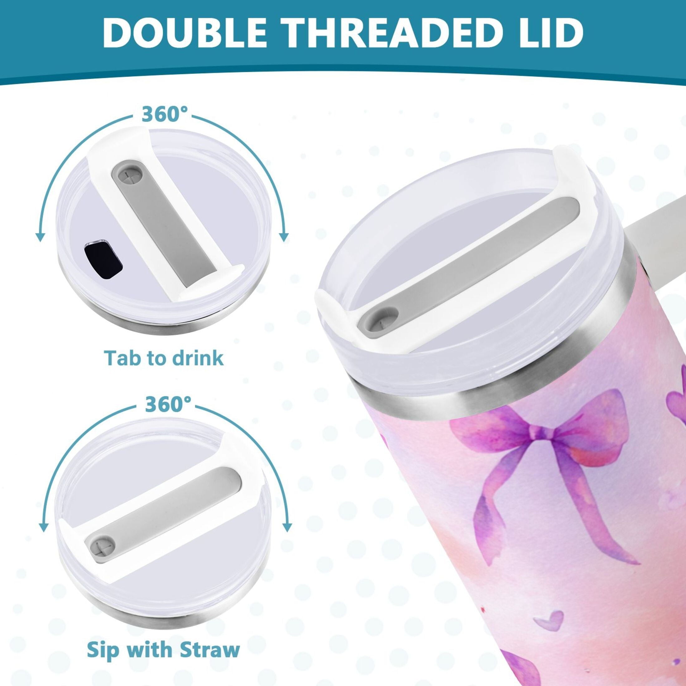 30 oz Insulated Stainless Steel Tumbler Double Wall Stainless Steel Tumbler with 2-Way Drinking Watercolor Purple Bows 8FWE