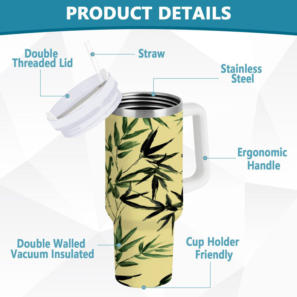 30 oz Insulated Stainless Steel Tumbler Double Wall Stainless Steel Tumbler with 2-Way Drinking Bamboo and Green Leaves ZJUZ