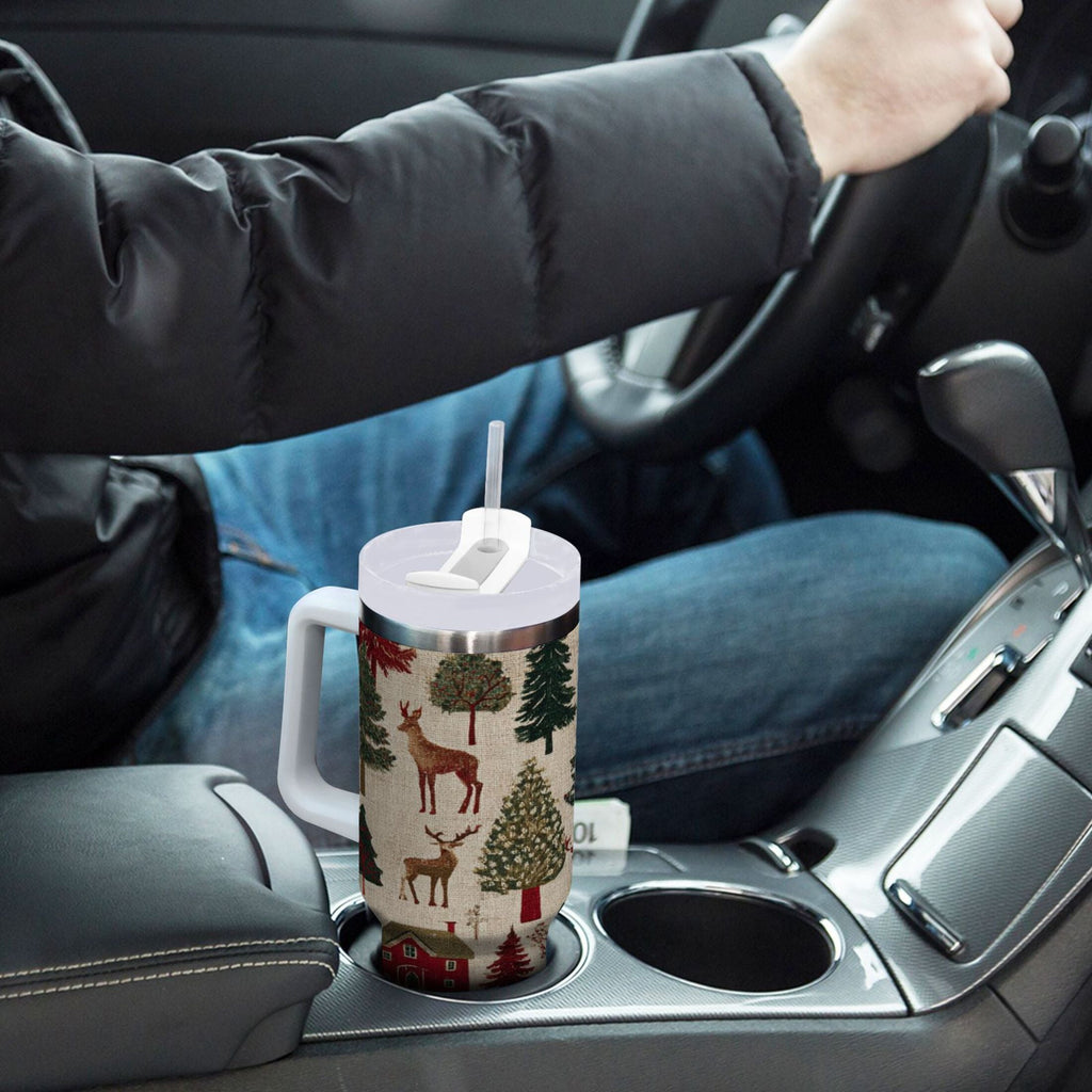 30 oz Insulated Stainless Steel Tumbler Double Wall Stainless Steel Tumbler with 2-Way Drinking Christmas Trees Deer and Houses X0JT