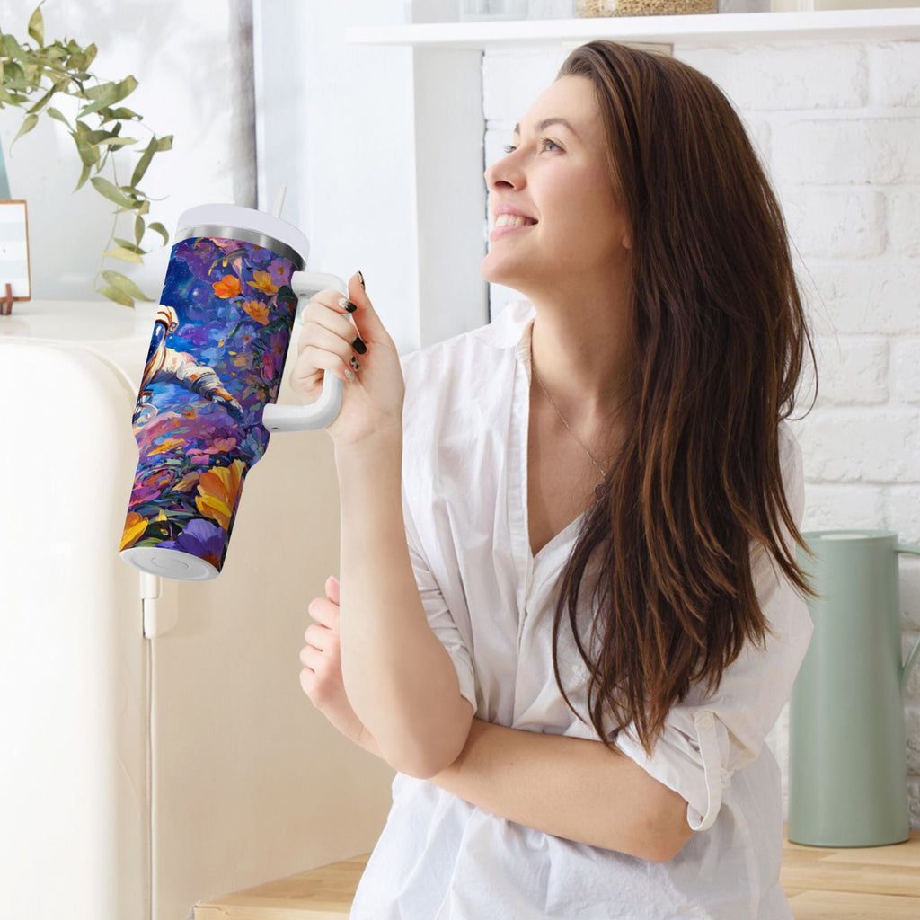 40 oz Insulated Stainless Steel Tumbler Double Wall Stainless Steel Tumbler with 2-Way Drinking Astronaut and Colorful Flowers YQOR