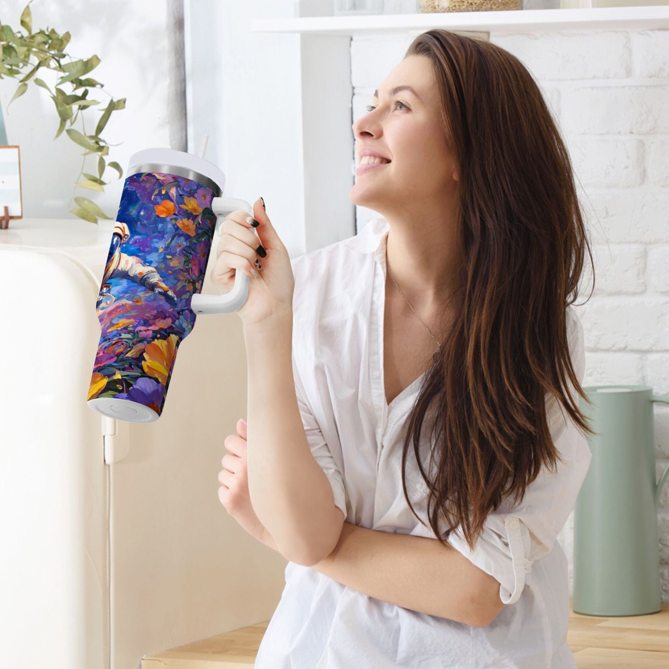 40 oz Insulated Stainless Steel Tumbler Double Wall Stainless Steel Tumbler with 2-Way Drinking Astronaut and Colorful Flowers YQOR