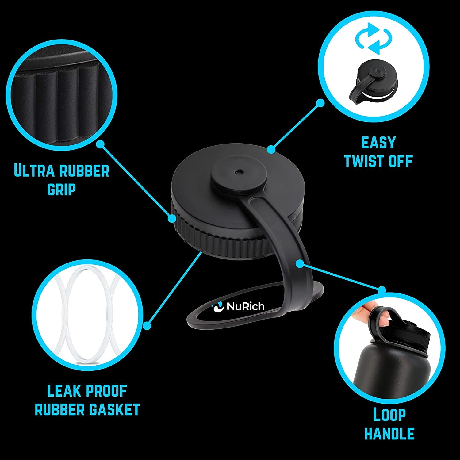 NuRich Loop Top Lid for Wide Mouth Hydro Flask, Nalgene &amp; Simple Water Bottles LRX9