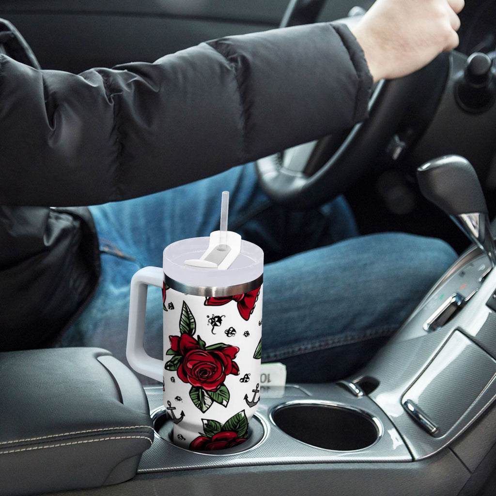 40 oz Insulated Stainless Steel Tumbler Double Wall Stainless Steel Tumbler with 2-Way Drinking Red Roses and Cherries MT7F
