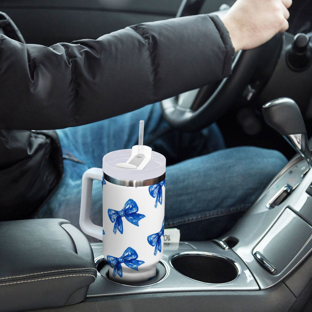 30 oz Insulated Stainless Steel Tumbler Double Wall Stainless Steel Tumbler with 2-Way Drinking Blue Bows Pattern KPPX