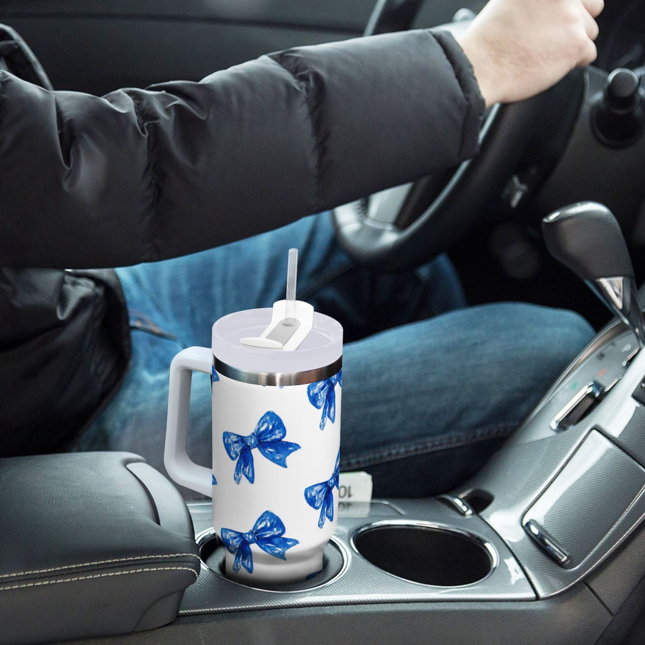 30 oz Insulated Stainless Steel Tumbler Double Wall Stainless Steel Tumbler with 2-Way Drinking Blue Bows Pattern KPPX