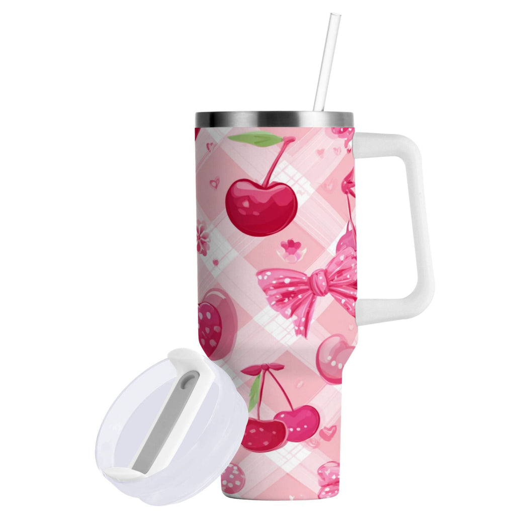 30 oz Insulated Stainless Steel Tumbler Double Wall Stainless Steel Tumbler with 2-Way Drinking Cherry and Pink Bow Pattern 25W8