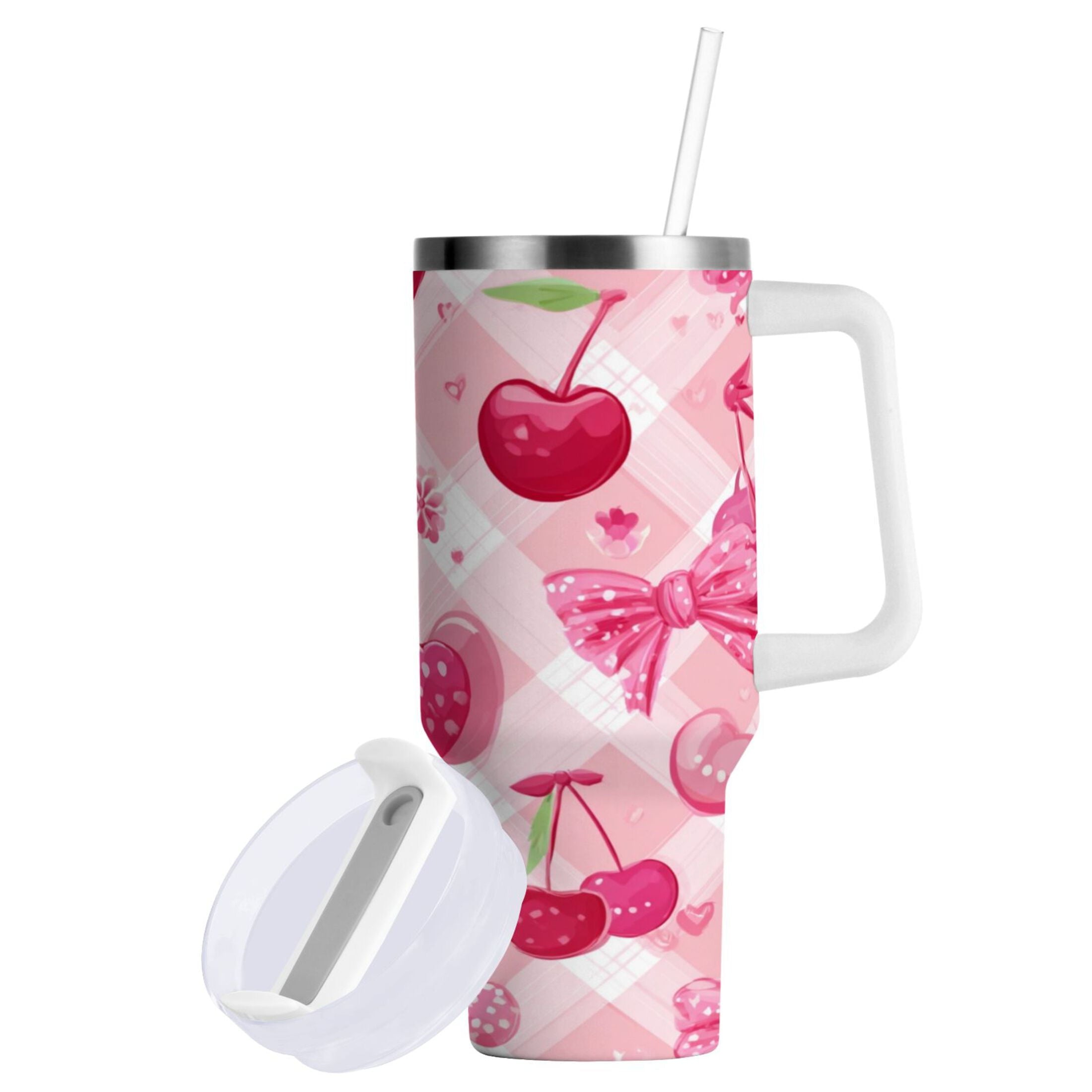 30 oz Insulated Stainless Steel Tumbler Double Wall Stainless Steel Tumbler with 2-Way Drinking Cherry and Pink Bow Pattern 25W8