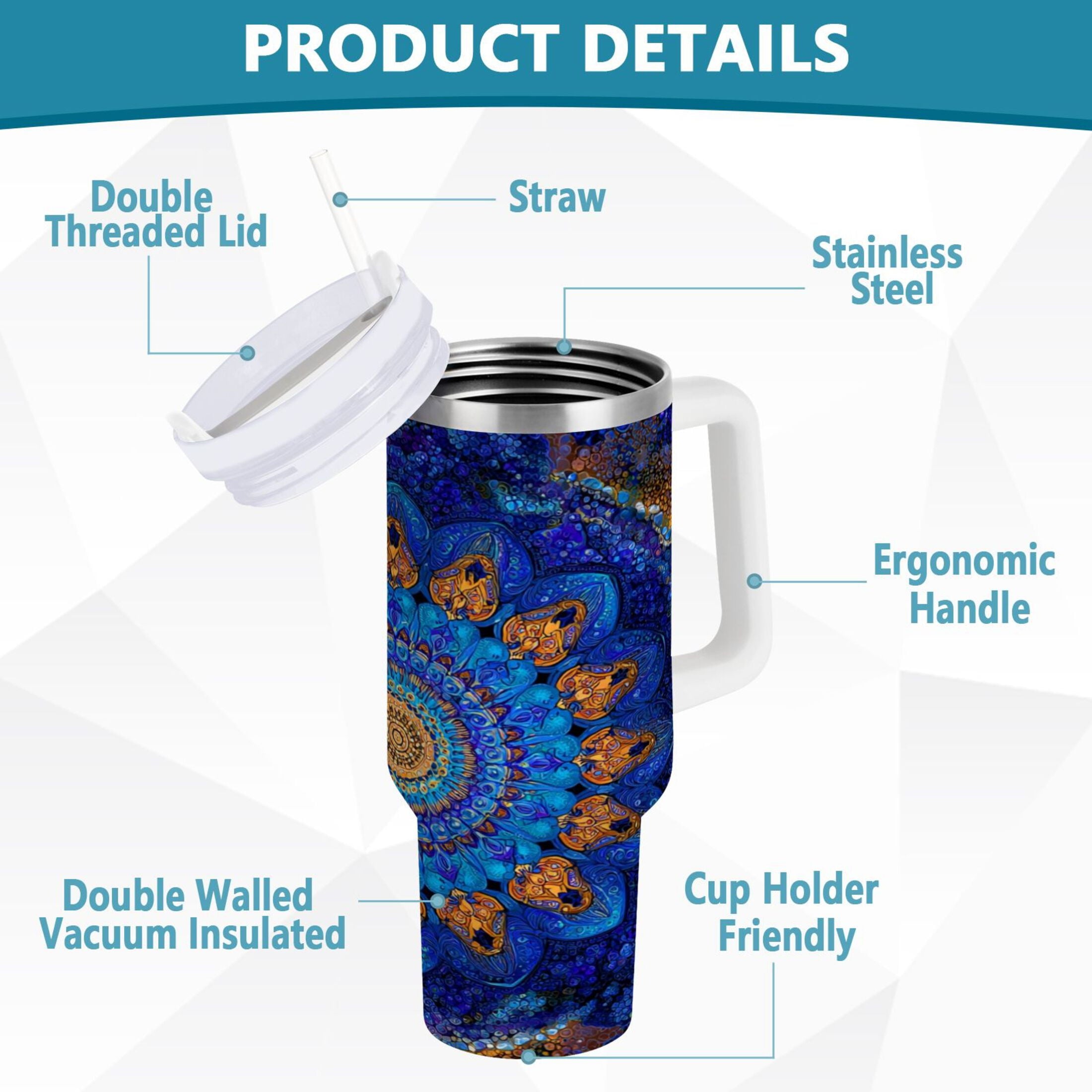 30 oz Insulated Stainless Steel Tumbler Double Wall Stainless Steel Tumbler with 2-Way Drinking Blue Kaleidoscopic Pattern O95F