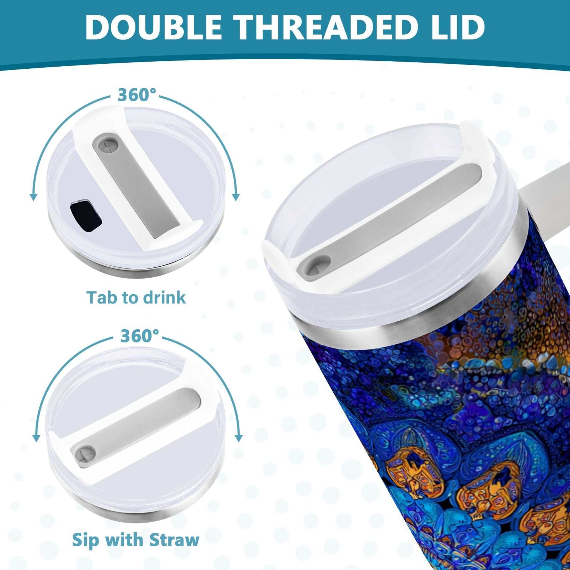 30 oz Insulated Stainless Steel Tumbler Double Wall Stainless Steel Tumbler with 2-Way Drinking Blue Kaleidoscopic Pattern O95F