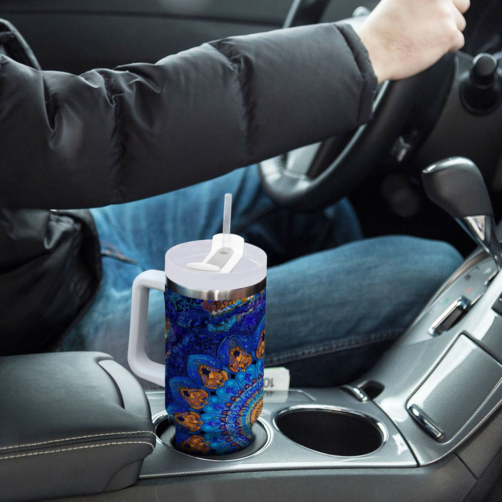 30 oz Insulated Stainless Steel Tumbler Double Wall Stainless Steel Tumbler with 2-Way Drinking Blue Kaleidoscopic Pattern O95F