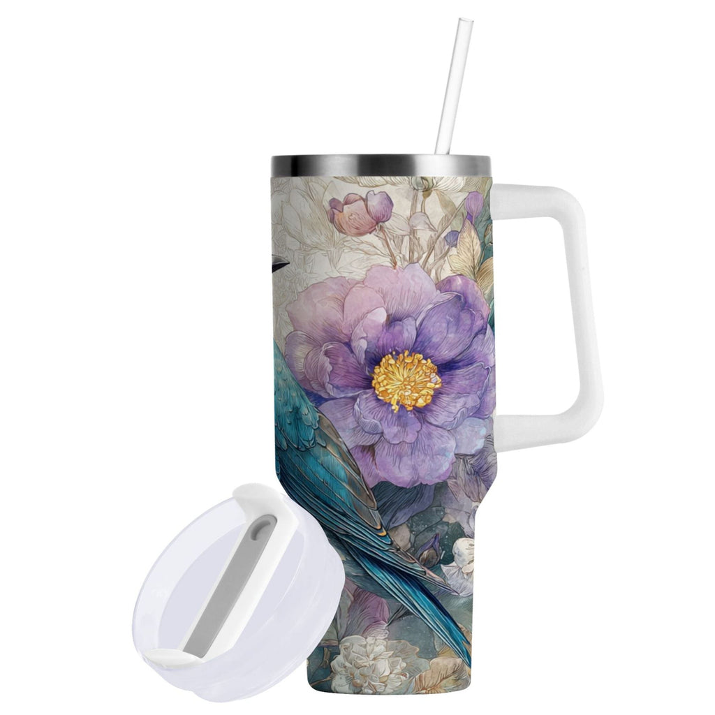 30 oz Insulated Stainless Steel Tumbler Double Wall Stainless Steel Tumbler with 2-Way Drinking Bluebird and Flower ARC5