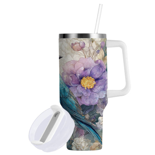 30 oz Insulated Stainless Steel Tumbler Double Wall Stainless Steel Tumbler with 2-Way Drinking Bluebird and Flower ARC5