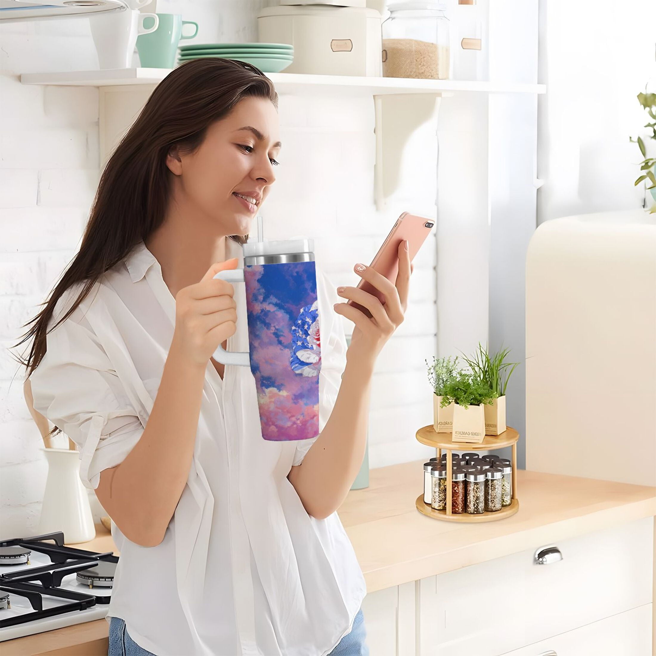 30 oz Insulated Stainless Steel Tumbler Double Wall Stainless Steel Tumbler with 2-Way Drinking Rose with Flag Pattern PENC