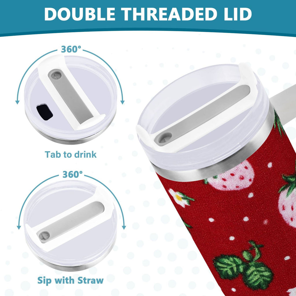 30 oz Insulated Stainless Steel Tumbler Double Wall Stainless Steel Tumbler with 2-Way Drinking Cute Pink Strawberry Pattern FMF0