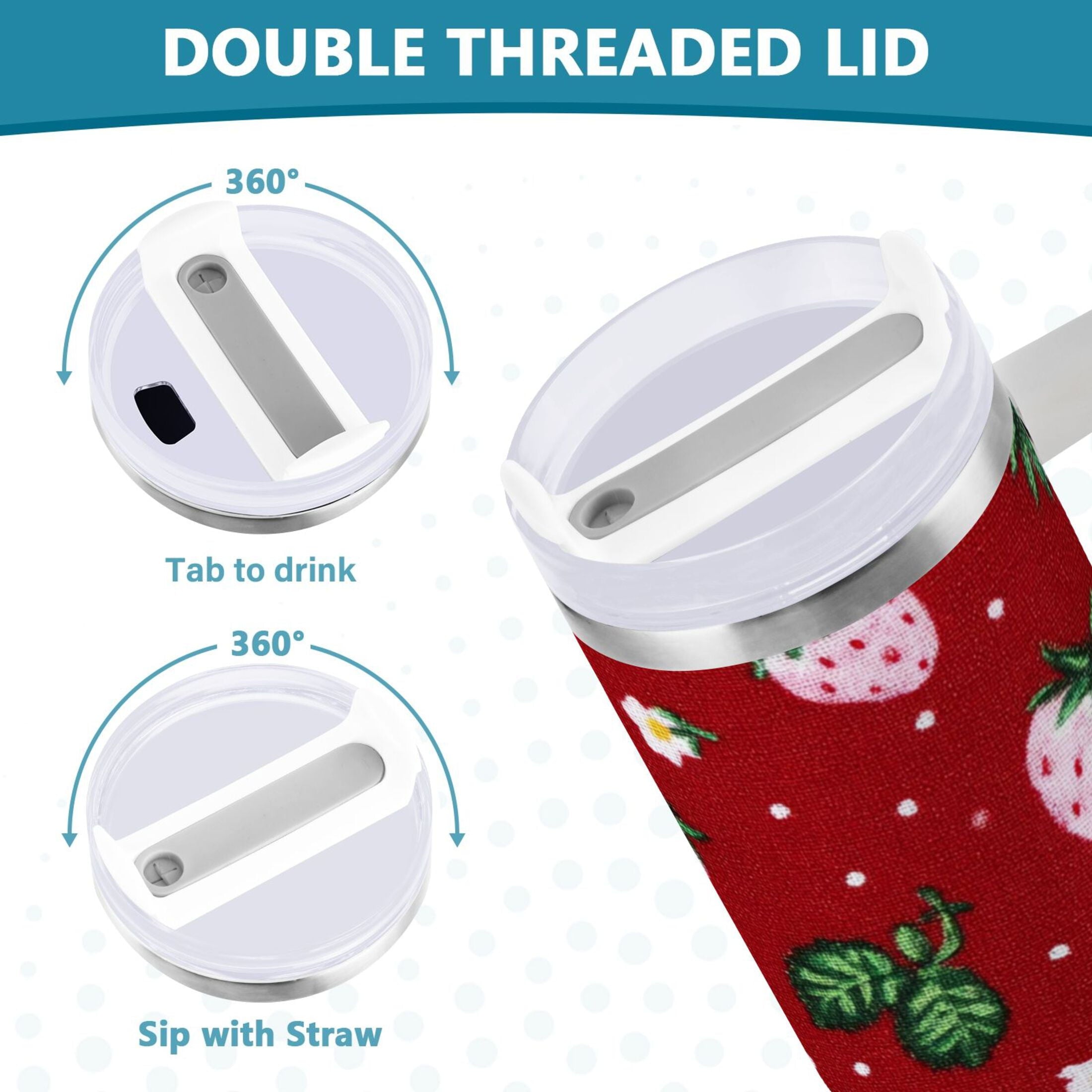 30 oz Insulated Stainless Steel Tumbler Double Wall Stainless Steel Tumbler with 2-Way Drinking Cute Pink Strawberry Pattern FMF0
