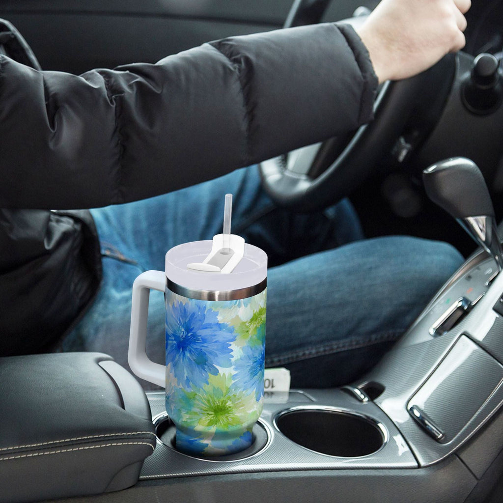 40 oz Insulated Stainless Steel Tumbler Double Wall Stainless Steel Tumbler with 2-Way Drinking Watercolor Blue Cornflowers T6OD