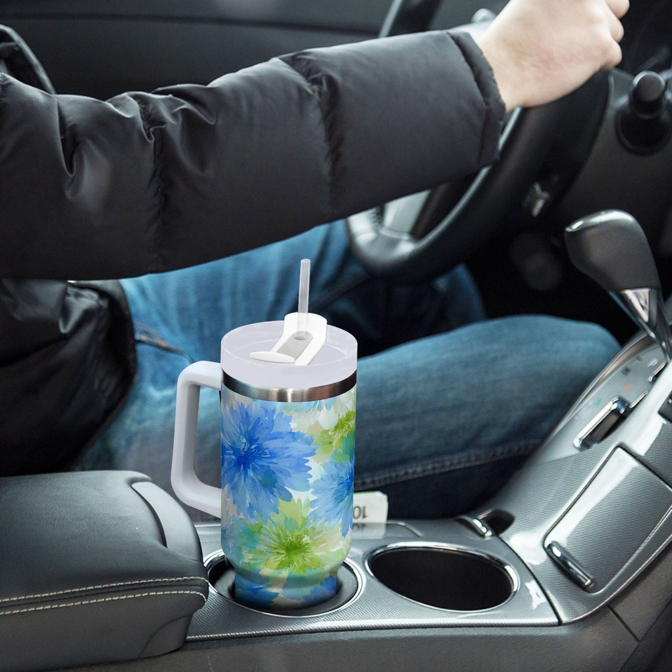 40 oz Insulated Stainless Steel Tumbler Double Wall Stainless Steel Tumbler with 2-Way Drinking Watercolor Blue Cornflowers T6OD